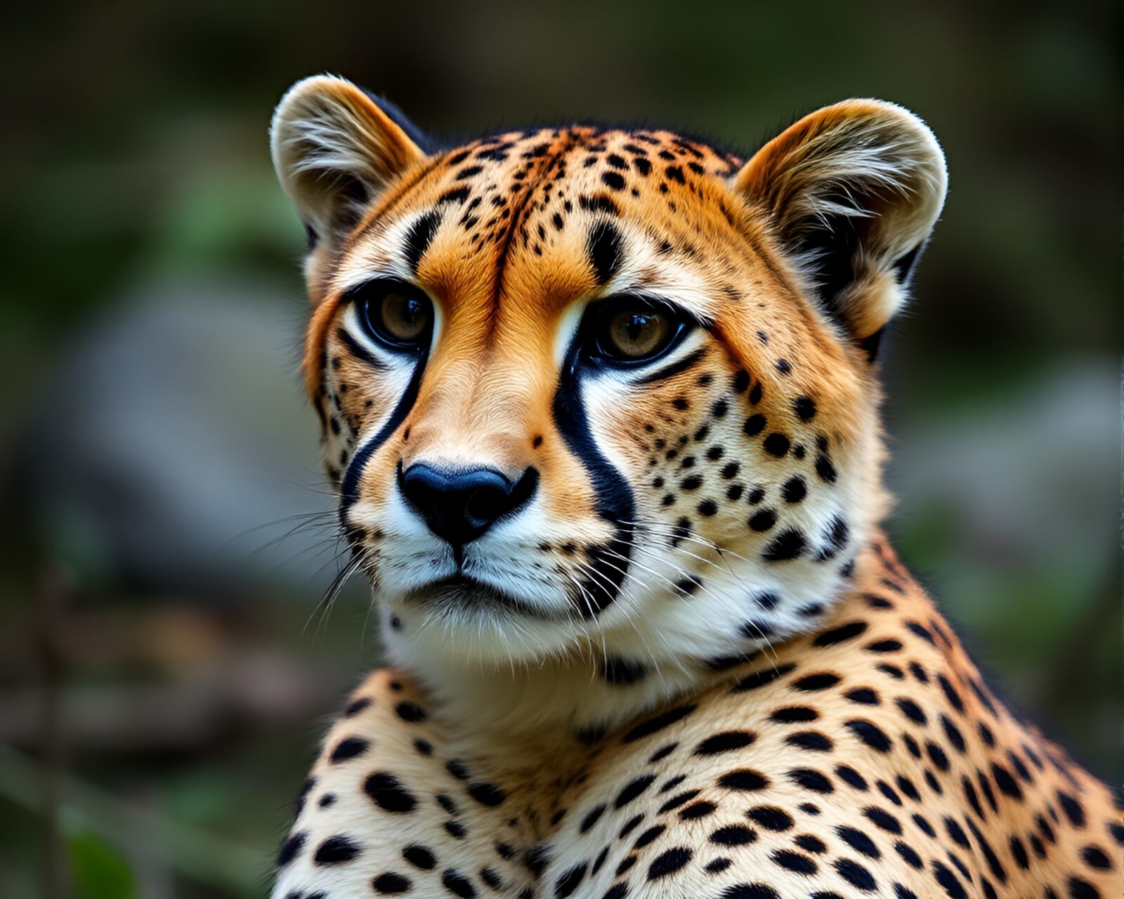Cheetah camouflaged in moody, desaturated forest setting