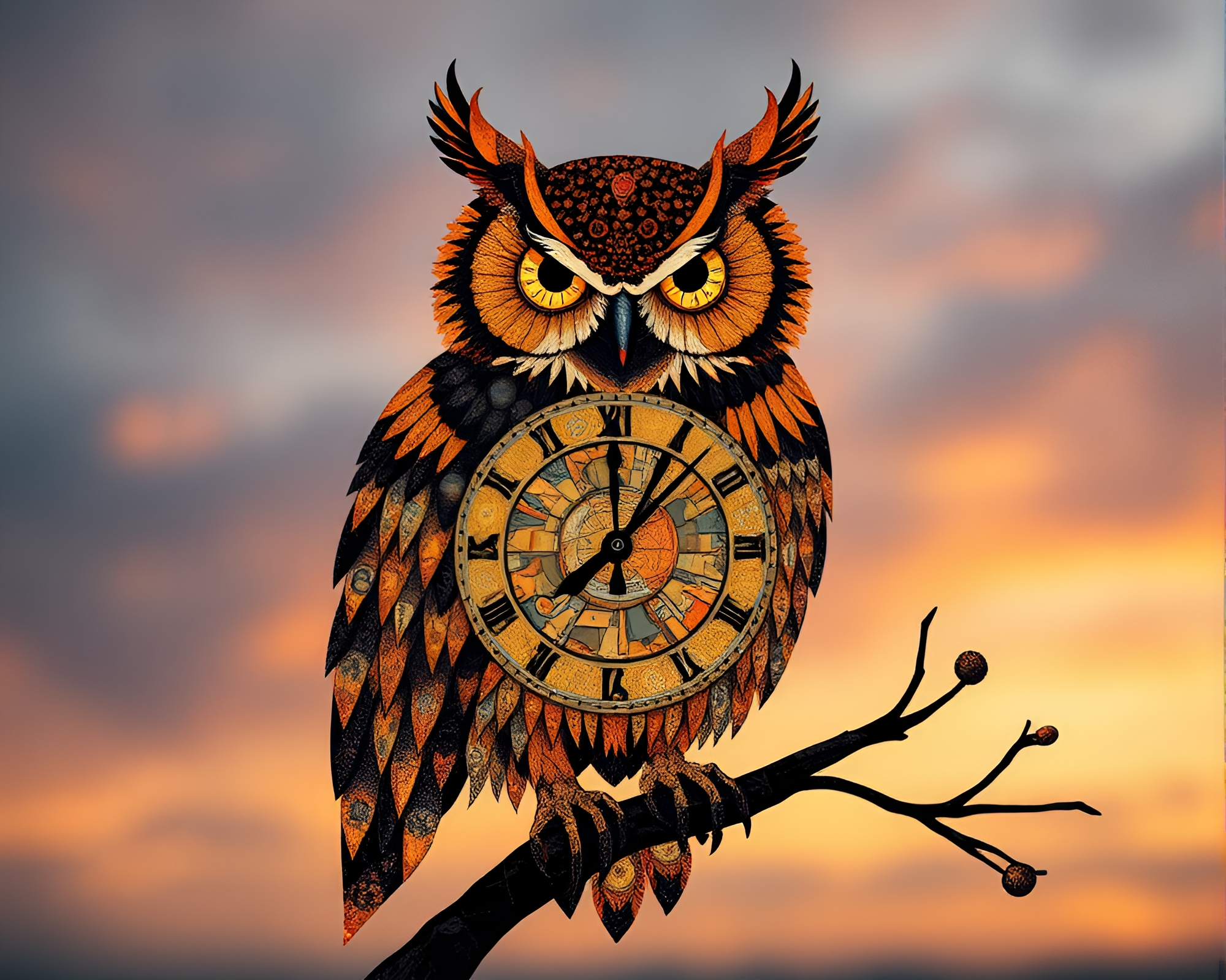 Clockwork Owl in Fragmented Bio-Organic Mosaic – free AI stock image