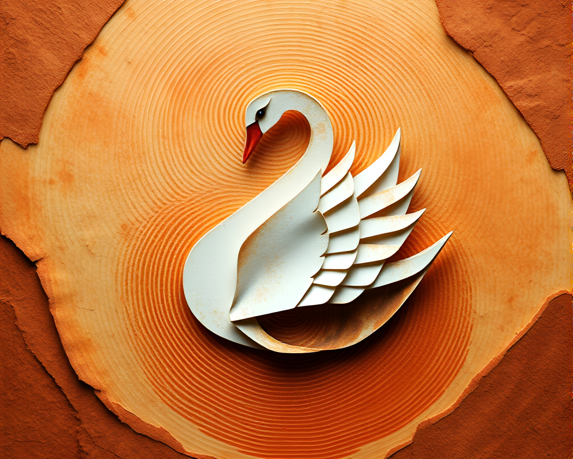 Origami swan in canyon rust tones with fingerprint swirl – free AI stock image