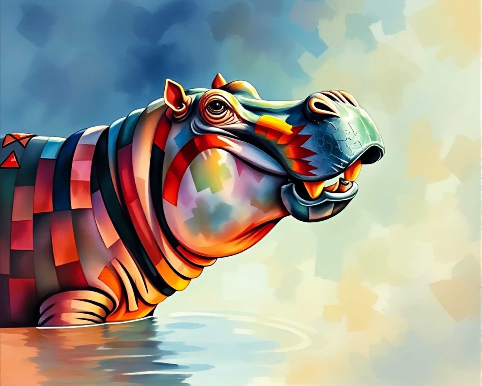 Colorful watercolor painting of a hippopotamus in surreal lighting