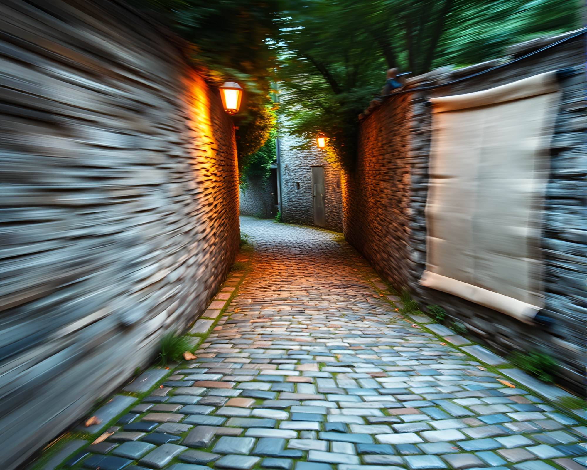 Ancient Cobblestone Path with Scroll in Motion Blur – free AI stock image