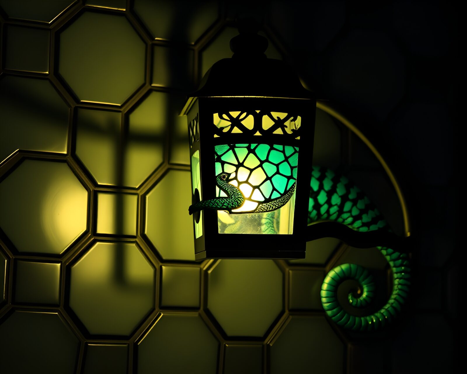 Color-changing chameleon shapeshifting under glowing lantern light on hexagonal background
