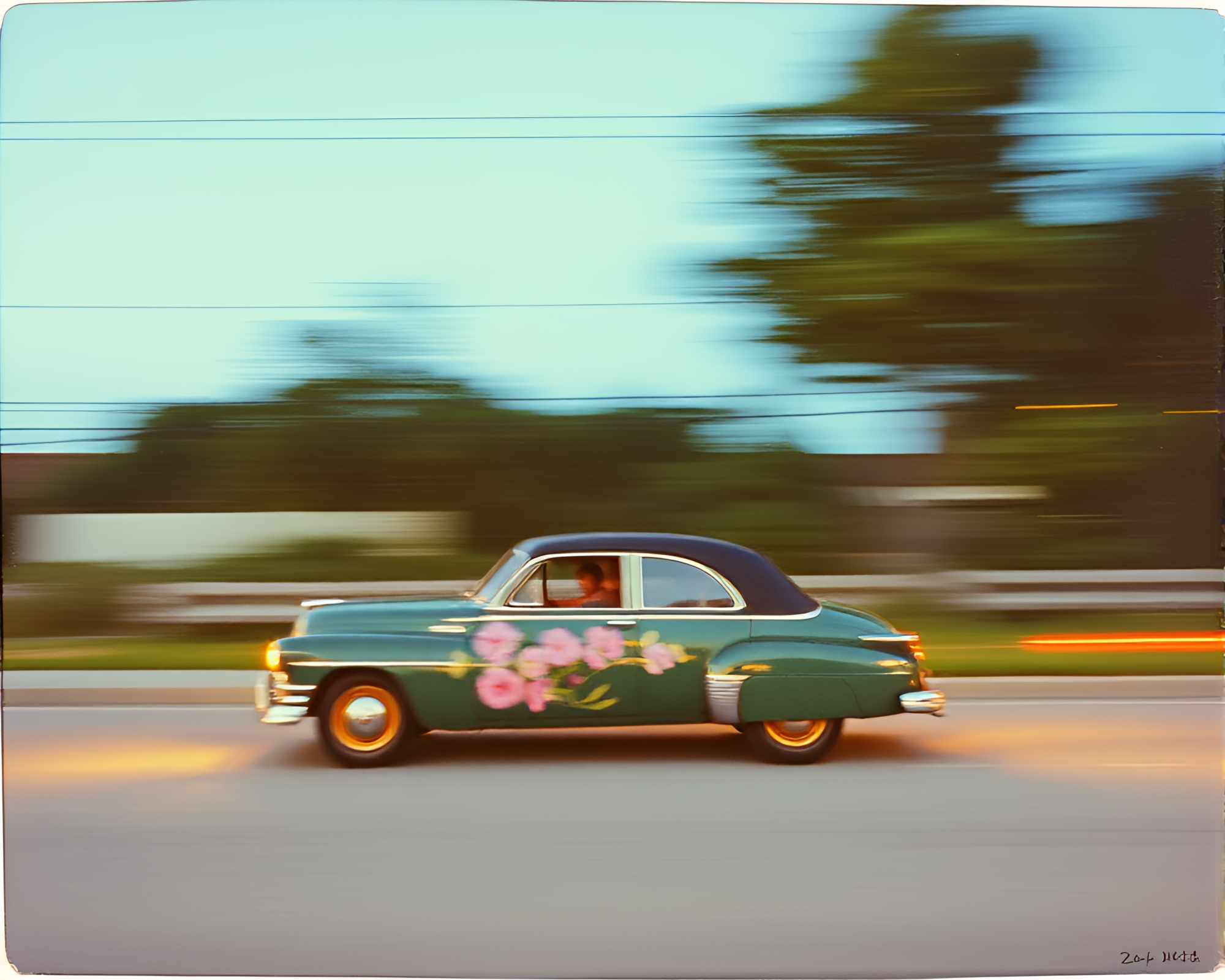 Vintage Flying Car Watercolor Blooms Long Exposure Scene – free AI stock image