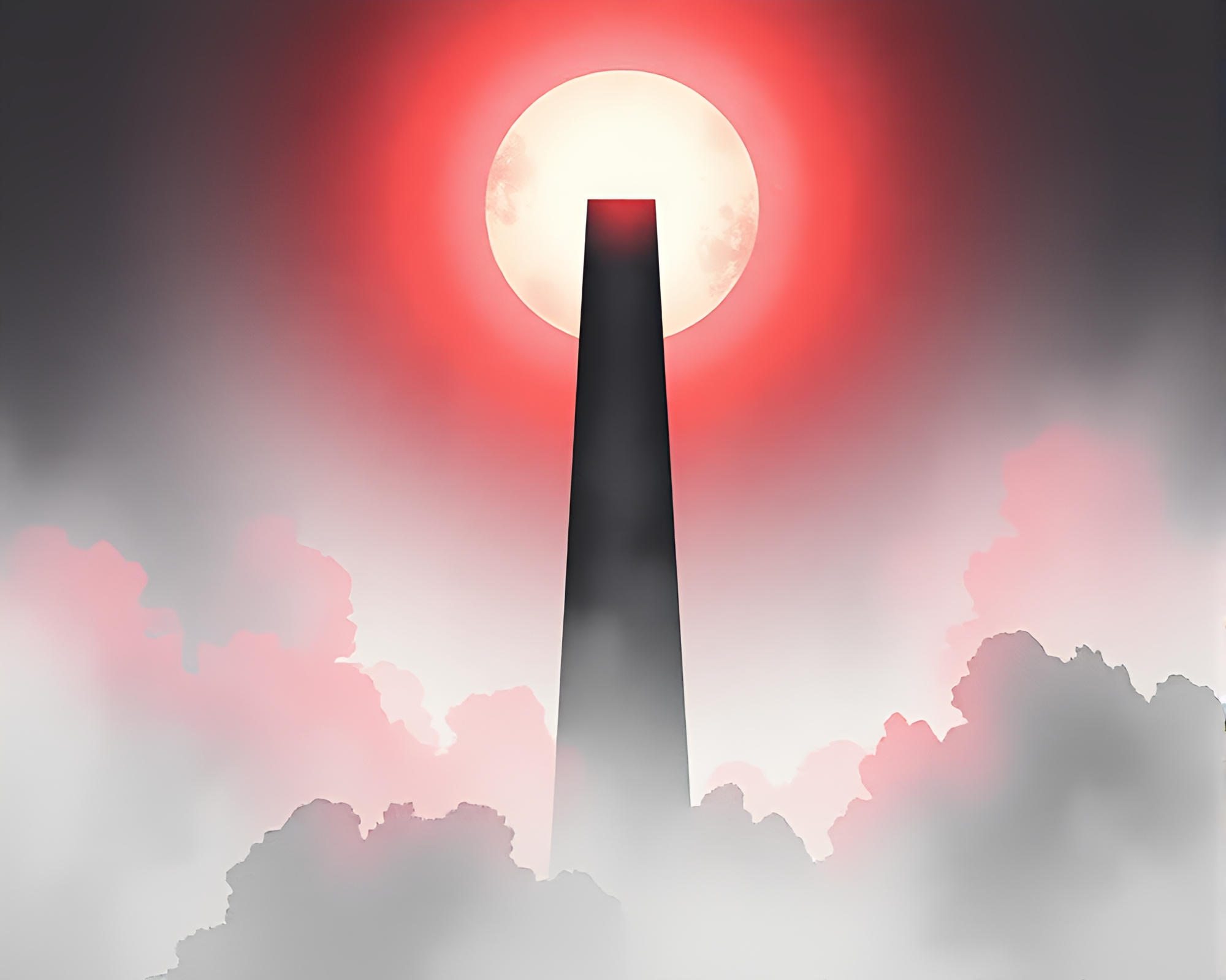 Digital Twilight Obelisk with Sun Glare Ink Wash – free AI stock image