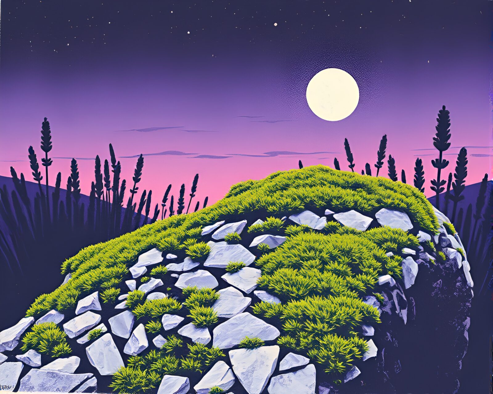 Serene scene of mossy rock under lavender sky, woodcut style