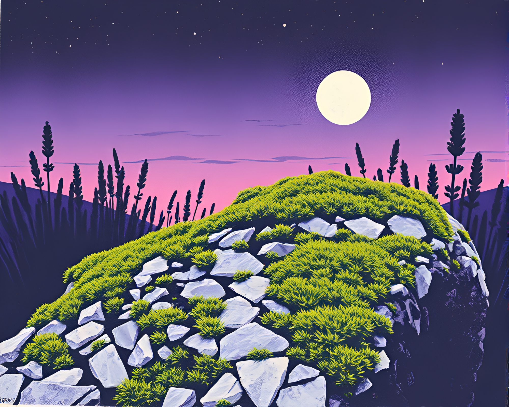 Moss-Covered Rock in Lavender Twilight Woodcut Print – free AI stock image