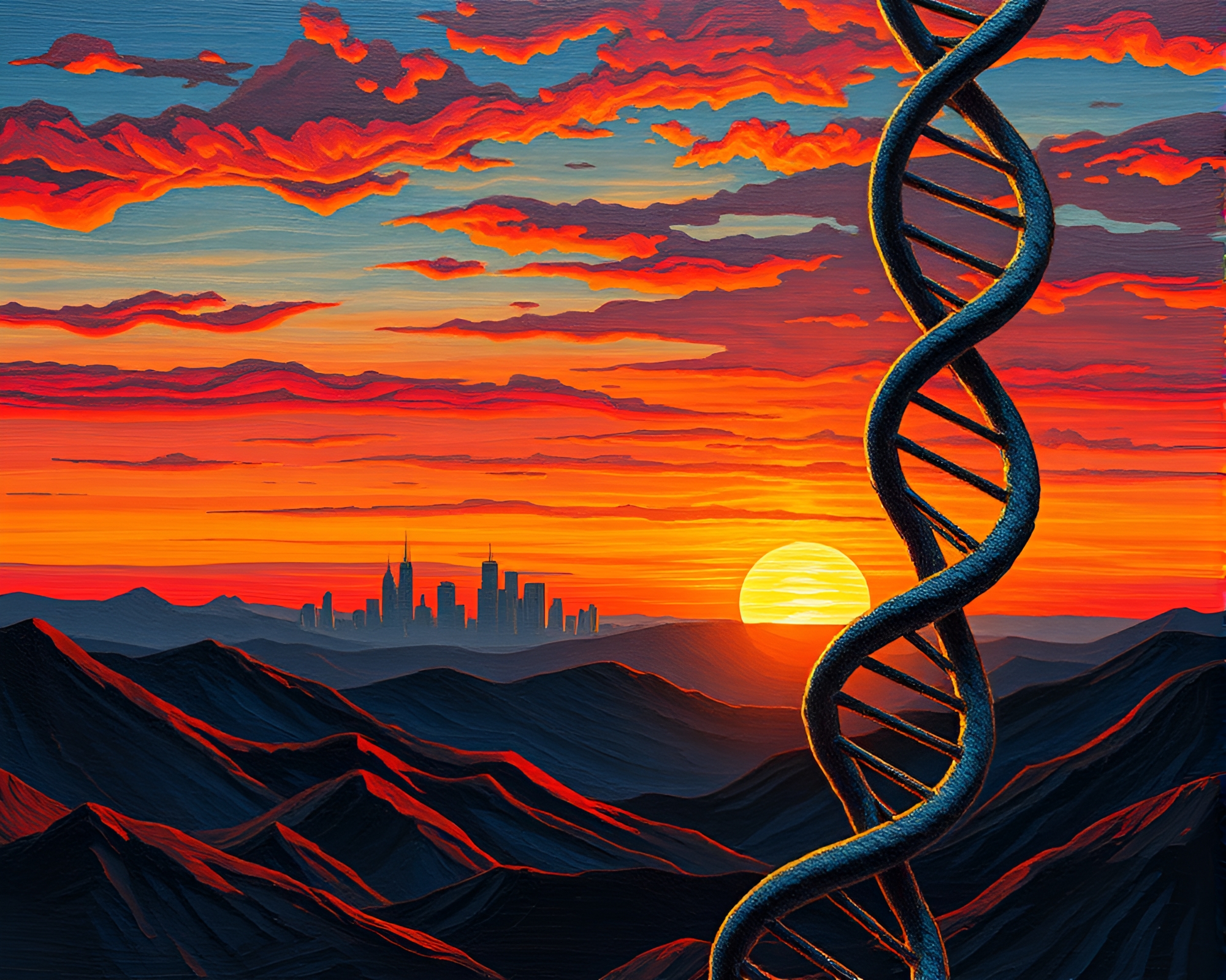 Retro Futurism DNA Sunset Cityscape – free AI stock image