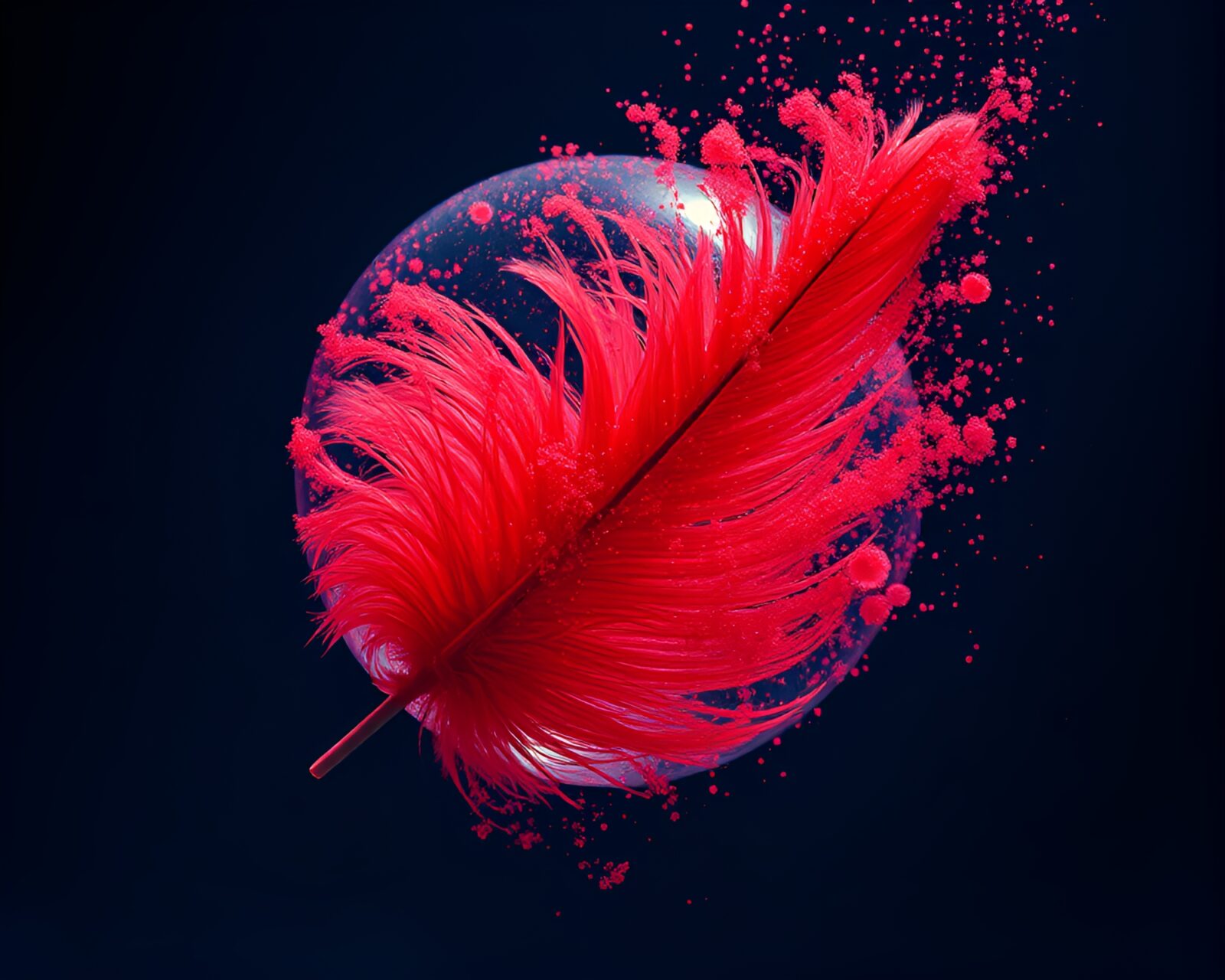 Dynamic red-blue underwater dome painting with feather-like strokes