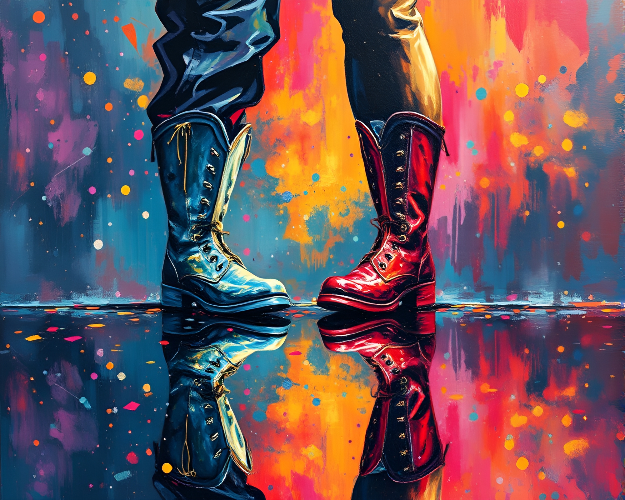Gravity Boots Blissfully Soar in Reflective Confetti Chaos – free AI stock image