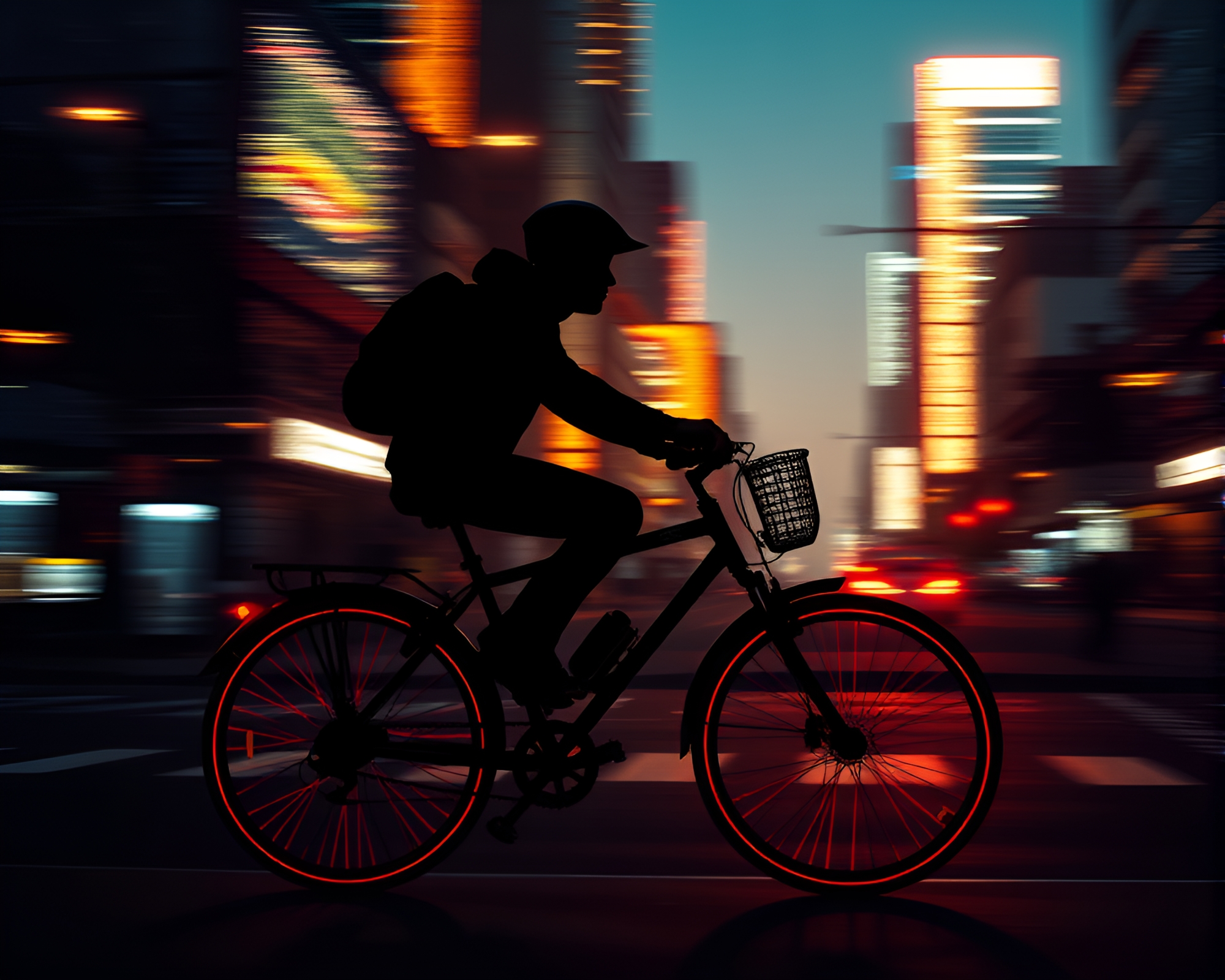 Neon City Biker Silhouette in Motion Capture Illustration – free AI stock image