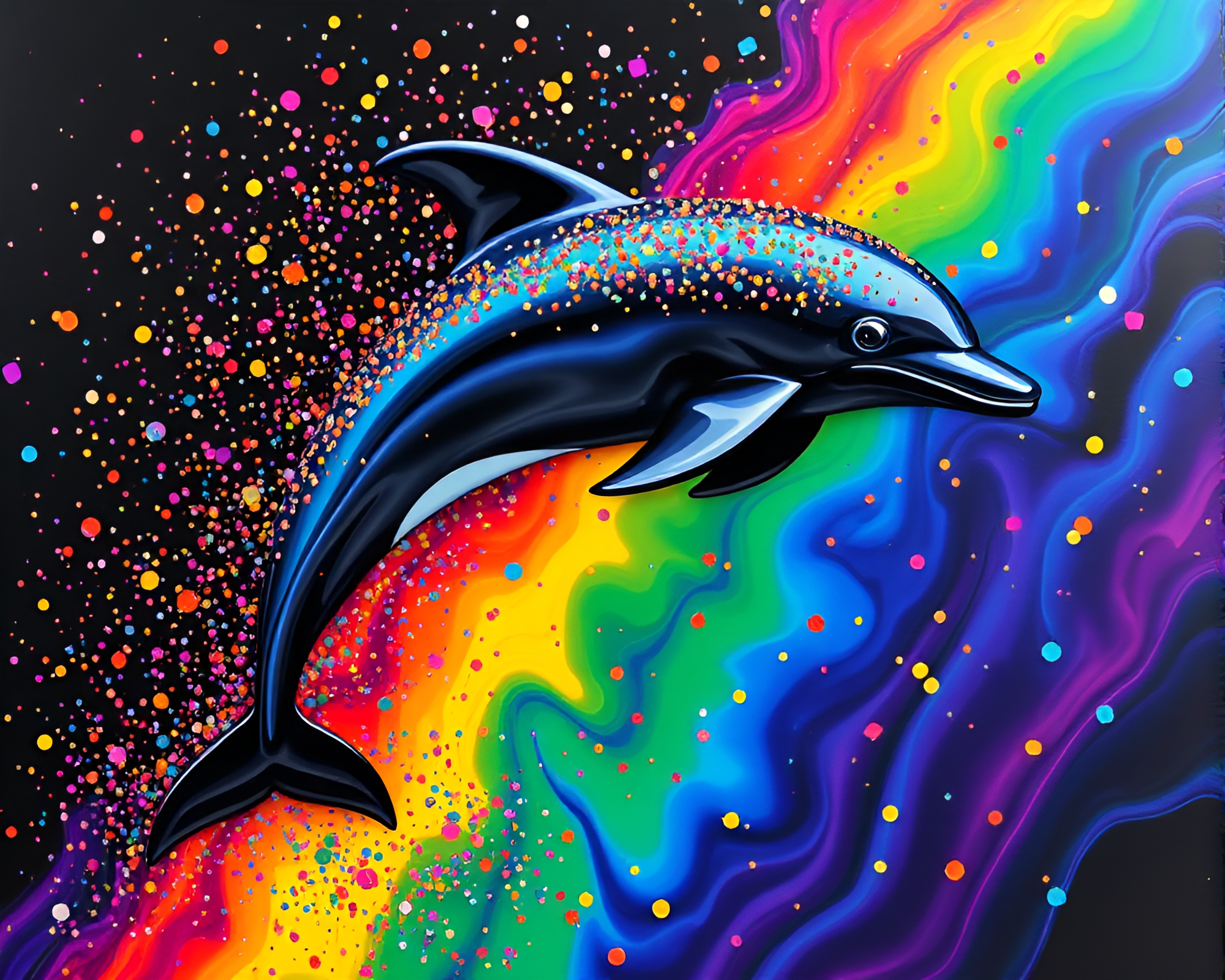 Psychedelic Dolphin Swimming in Oil Slick Rainbow – free AI stock image
