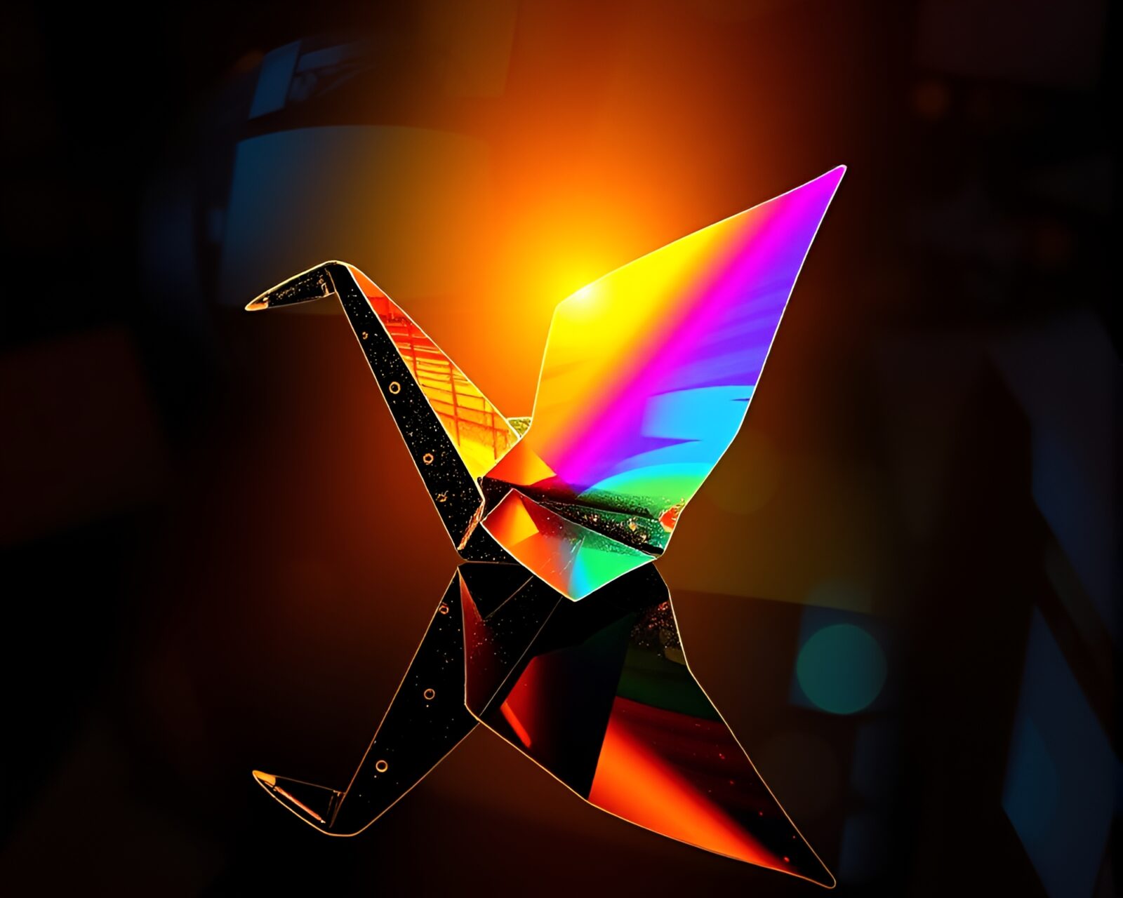 Colorful origami crane with rainbow refractions in savannah hues