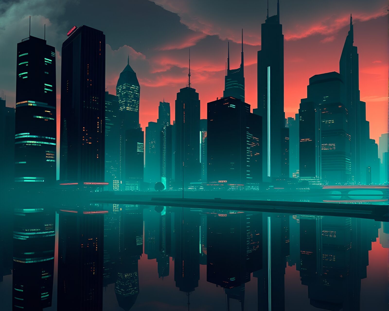 Dystopian cityscape reflecting in glowing lake under twilight sky