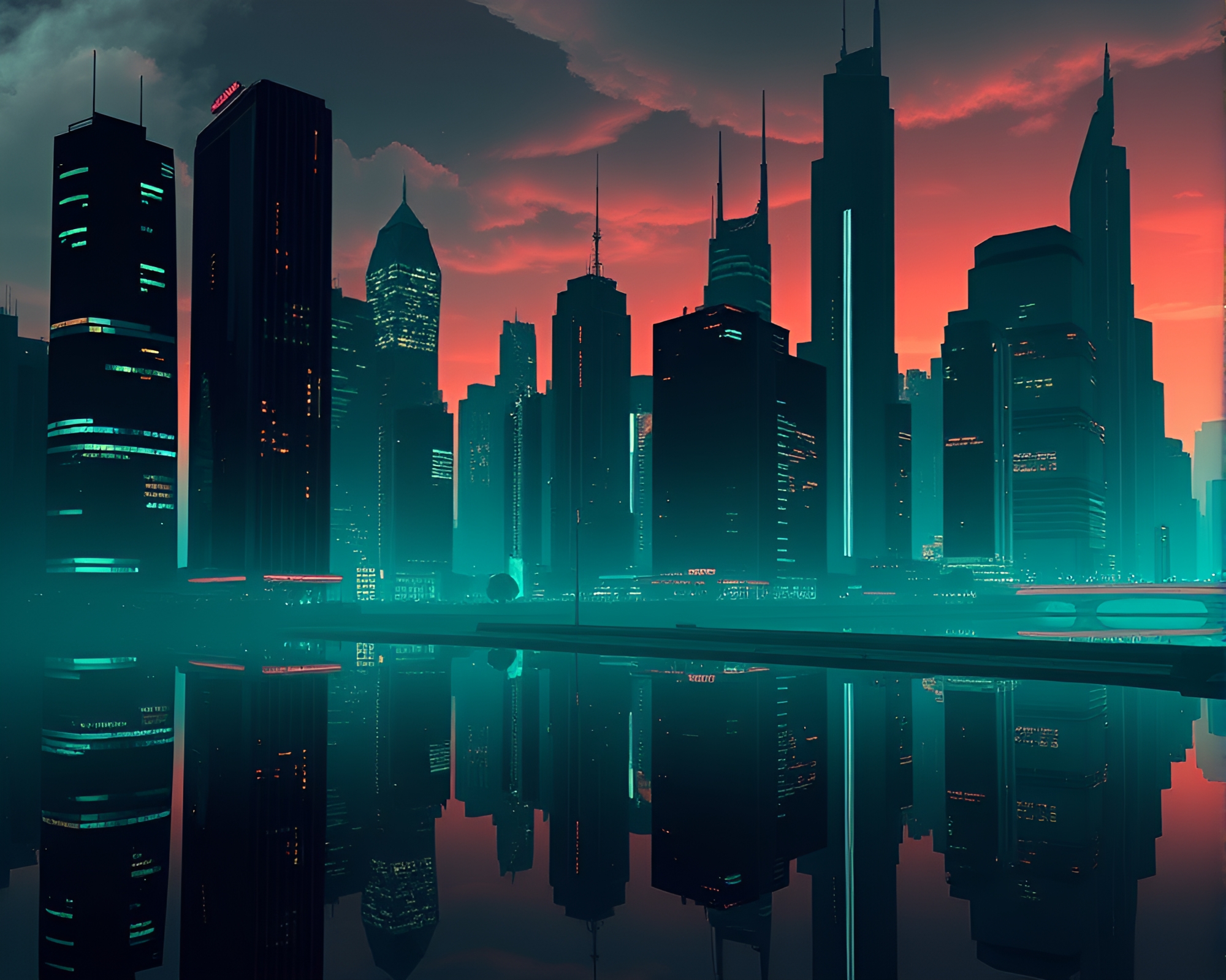Futuristic Skyline: Reflection Silhouette in Jewel Tones – free AI stock image