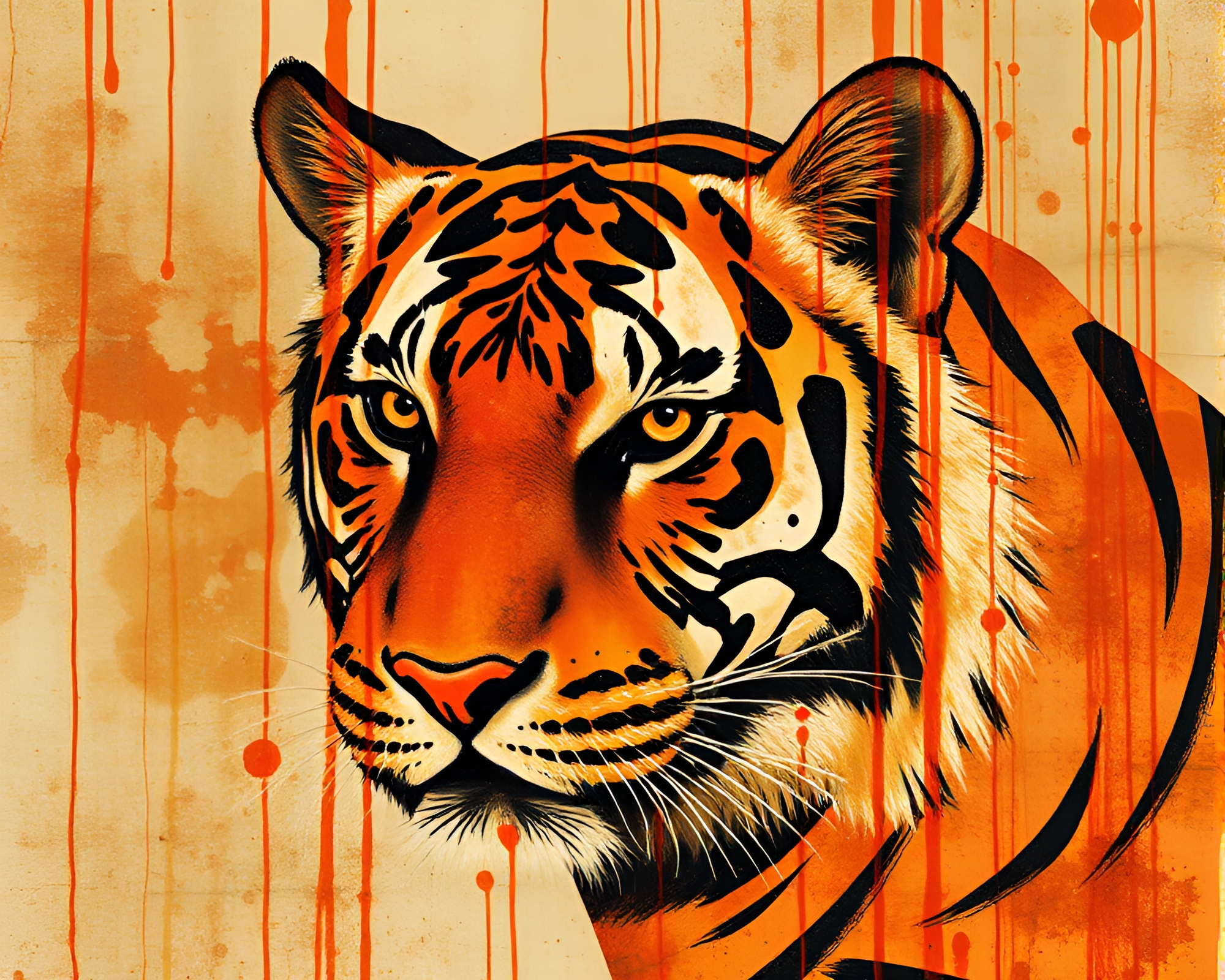 Tiger Roaming Through Rust Stain Collage at Dawn – free AI stock image