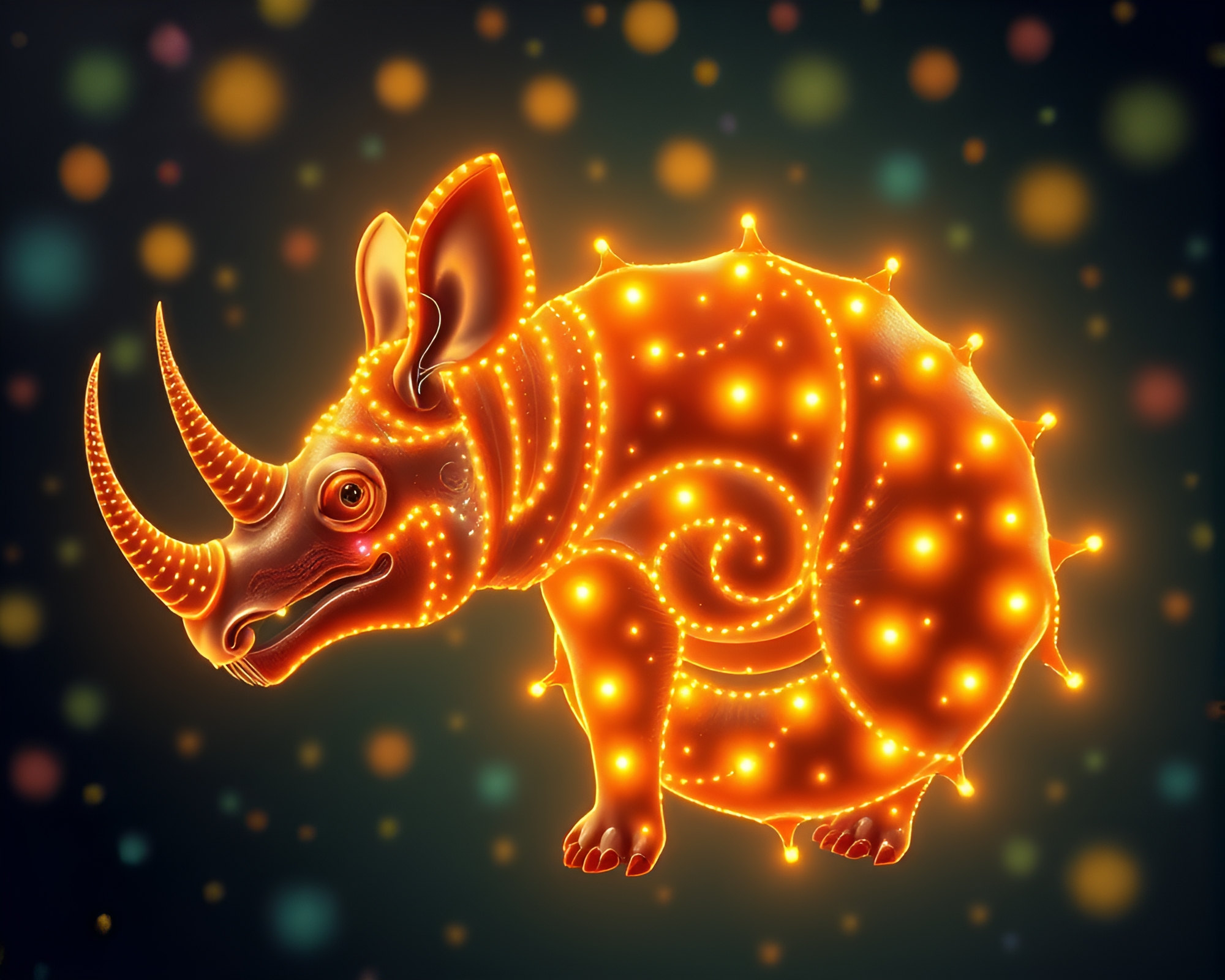 Majestic Rhino in Carnival Lights Spiral – free AI stock image