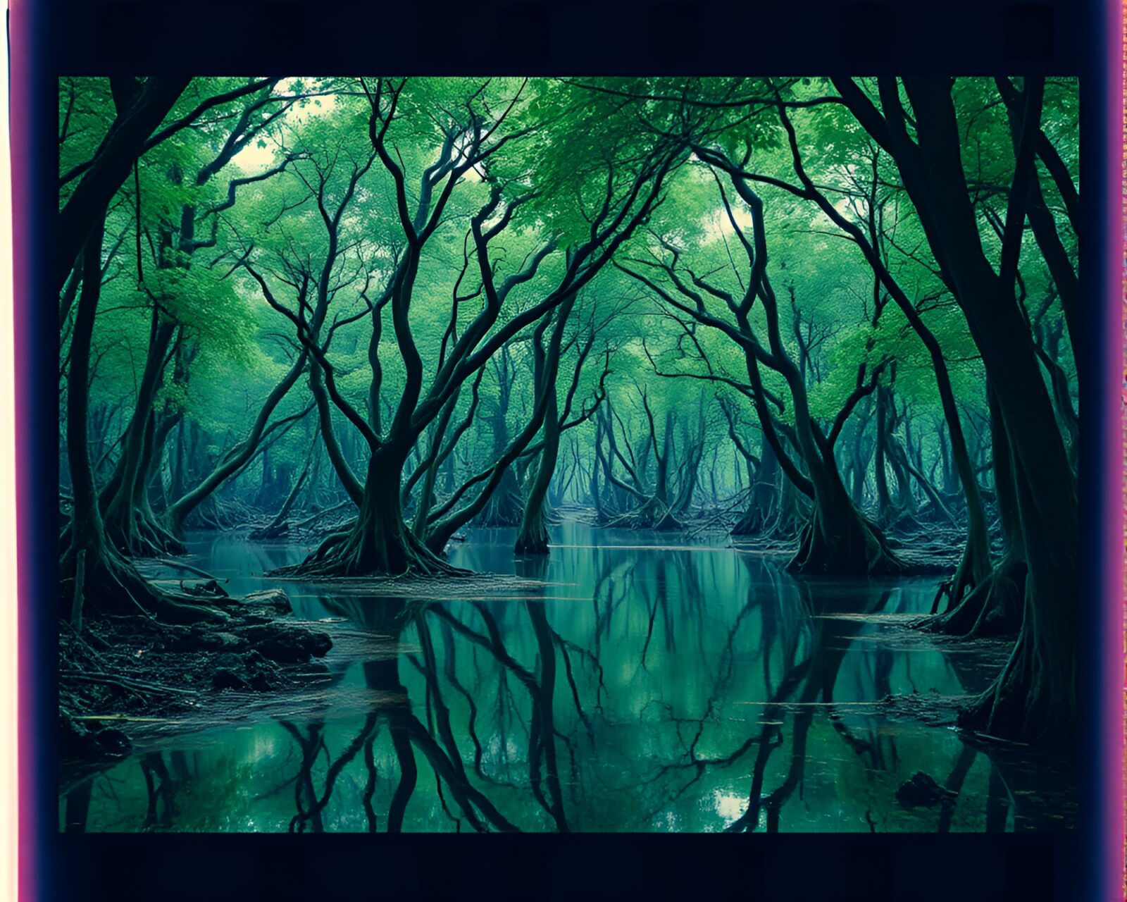 Abstract art of sapphire-toned mangrove scene in origami style.