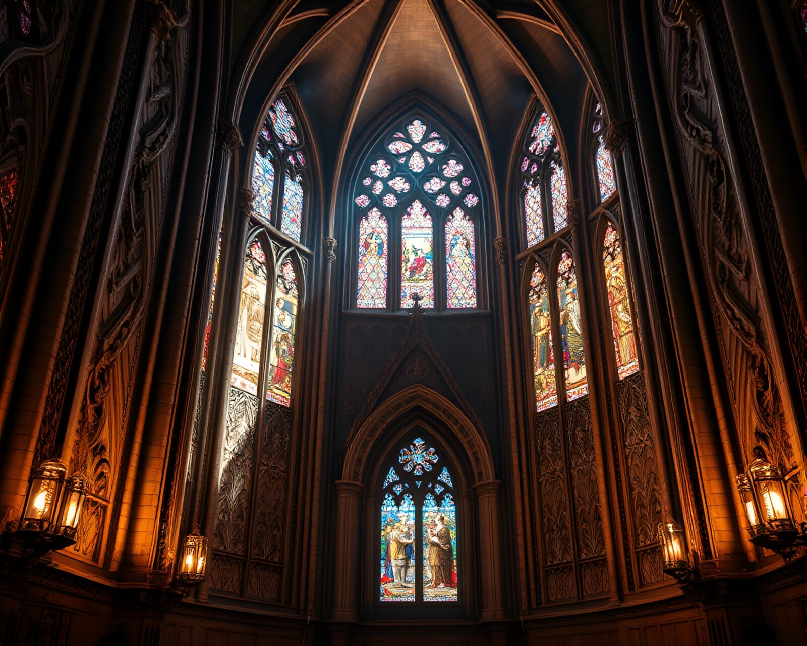 A futuristic android amidst cathedral architecture, stained glass illuminating engraved details