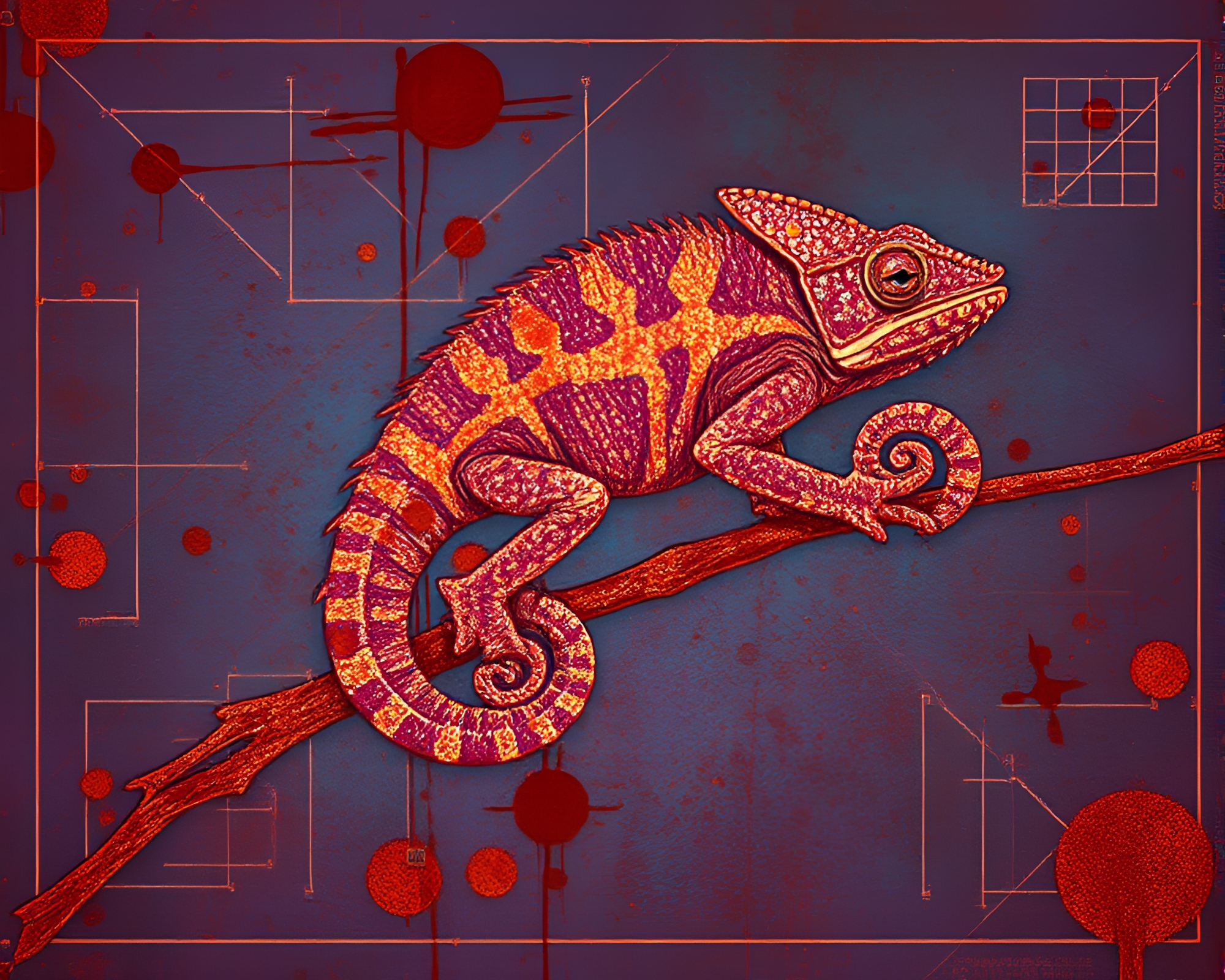 Chameleon on Rust-Stained Blueprint with Metallic Sparkle – free AI stock image