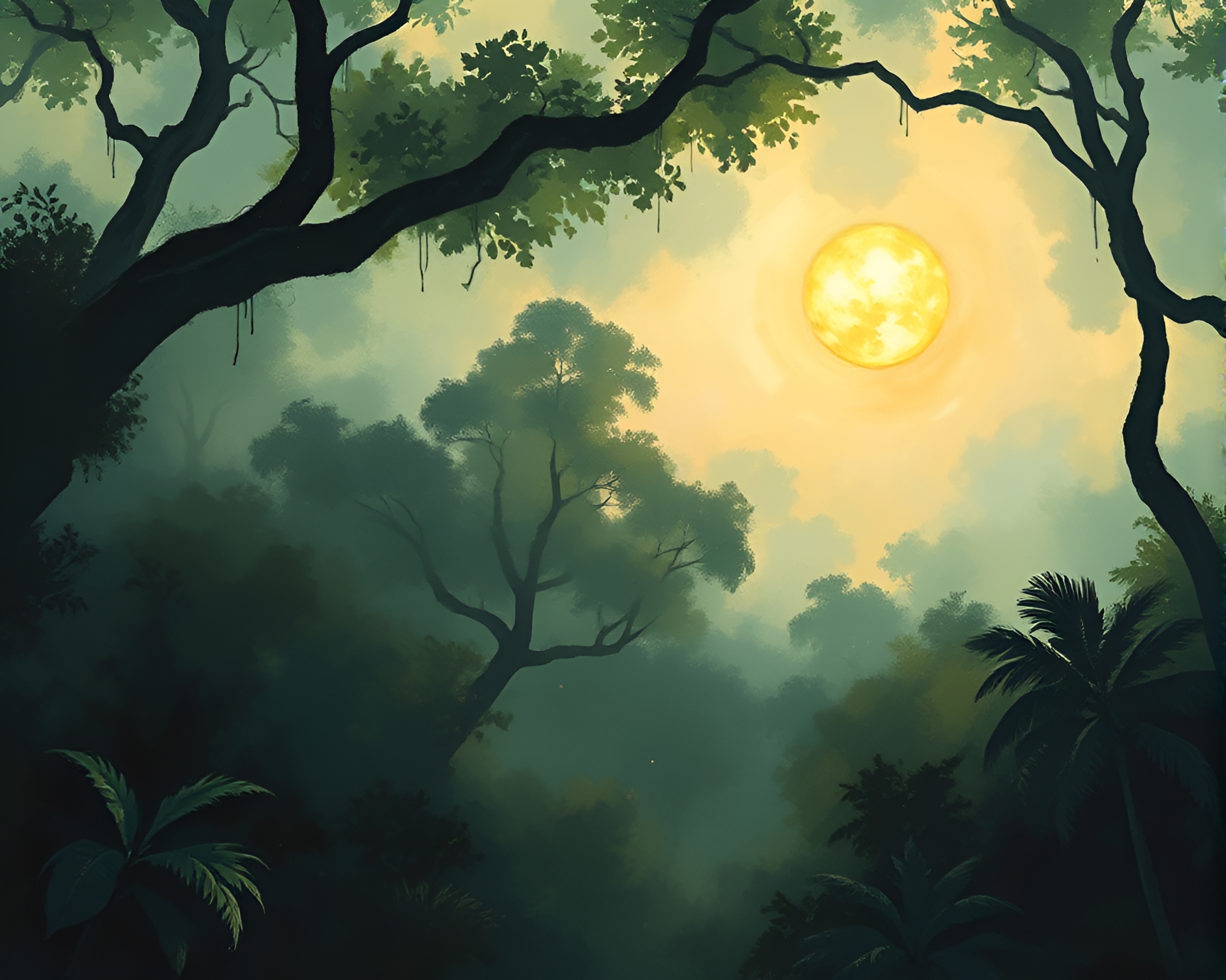 Falcon Soaring Through Misty Jungle Canopy Artwork – free AI stock image