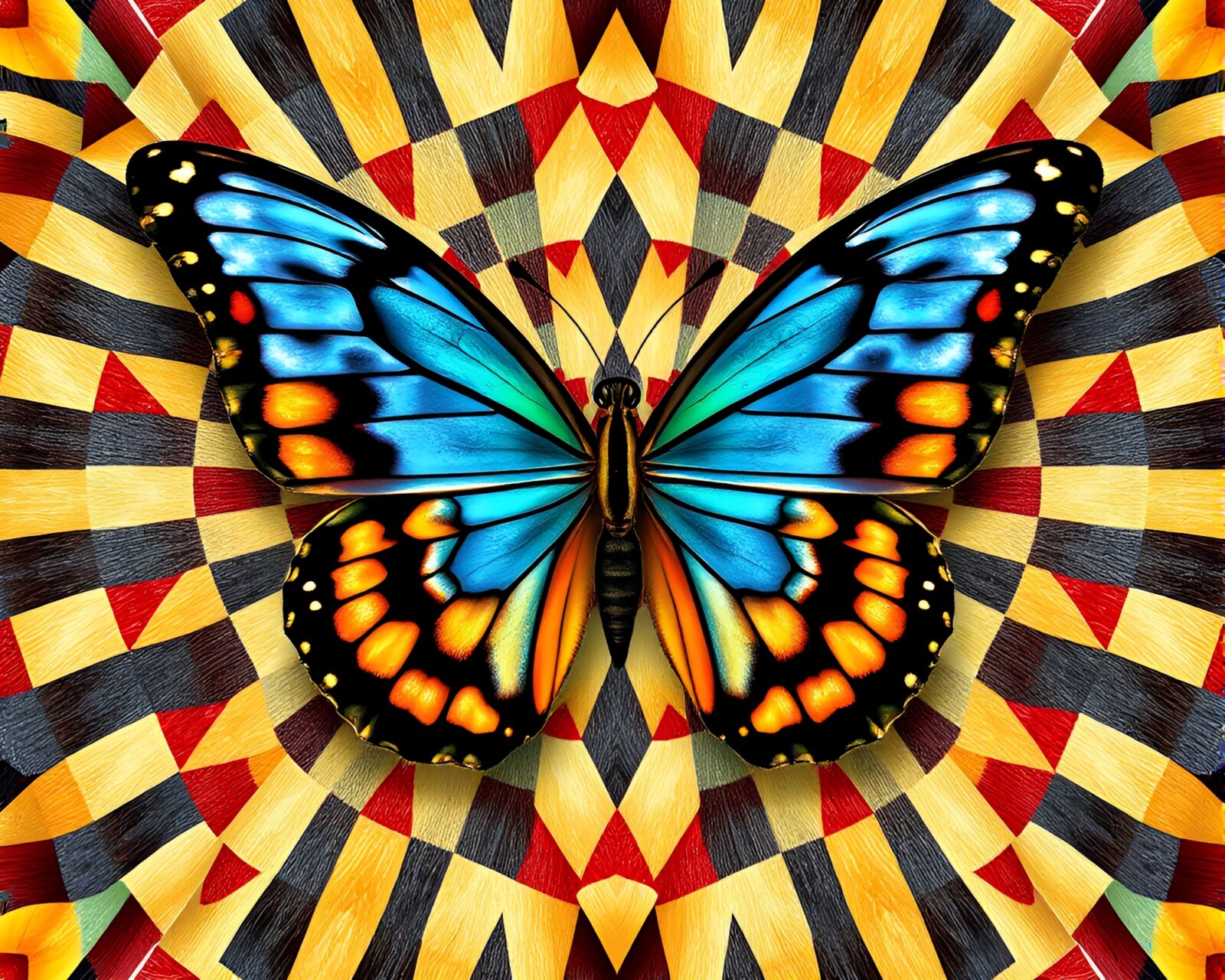 Vibrant checkered pattern with a realistic silk butterfly formation