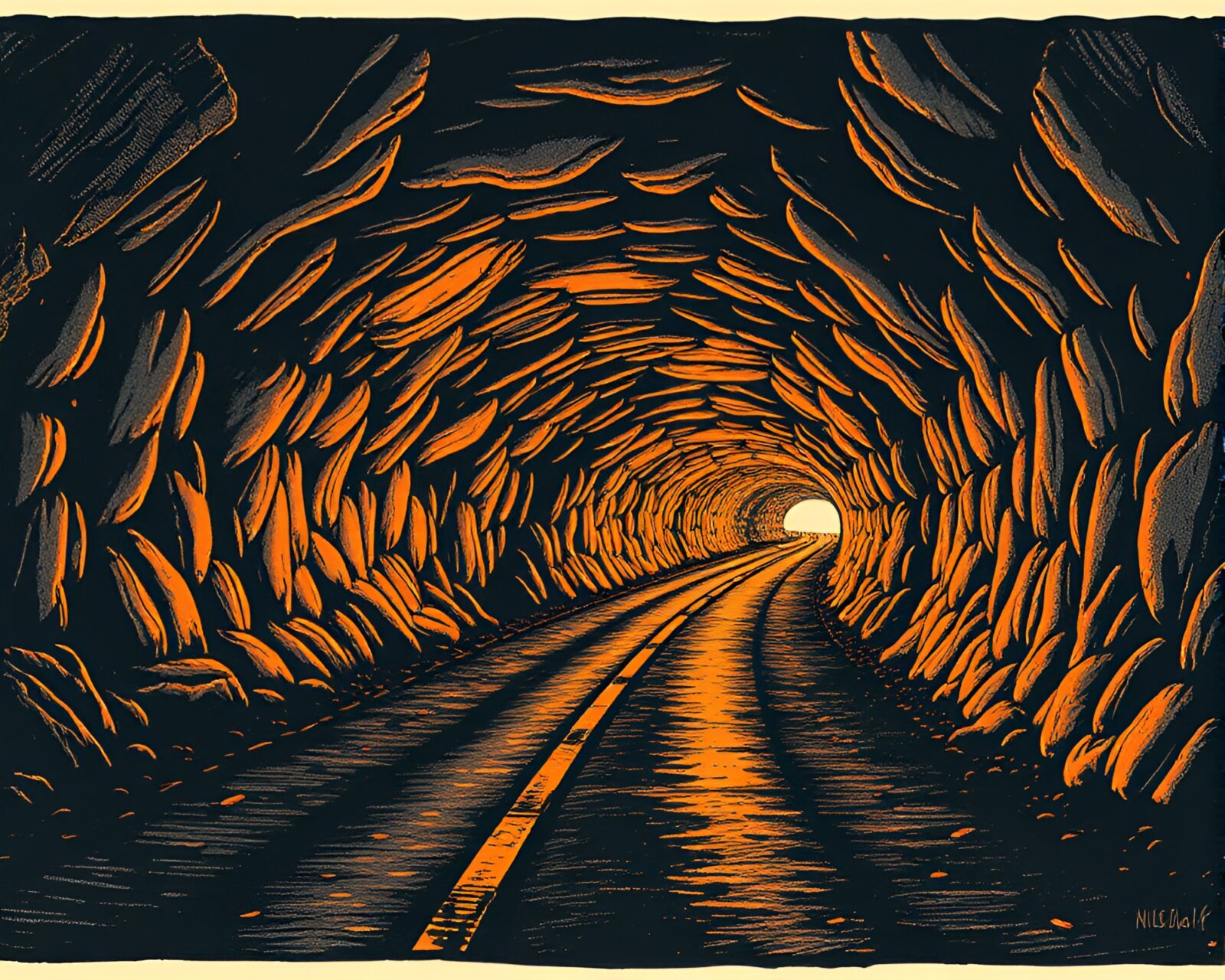 Woodcut print of underground bunker illuminated with rose gold hues