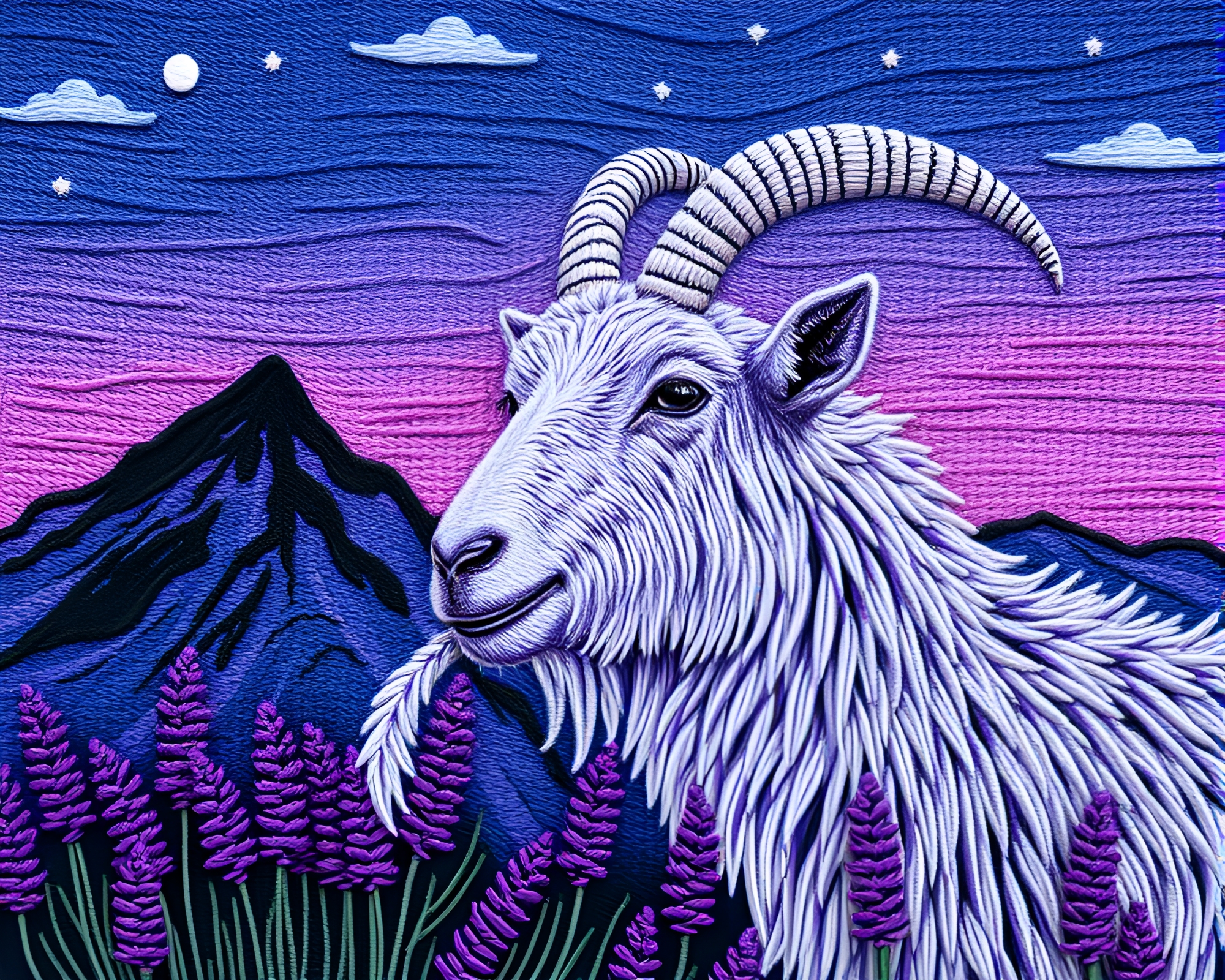 Glitch Art Mountain Goat Embroidered Twilight Scene – free AI stock image