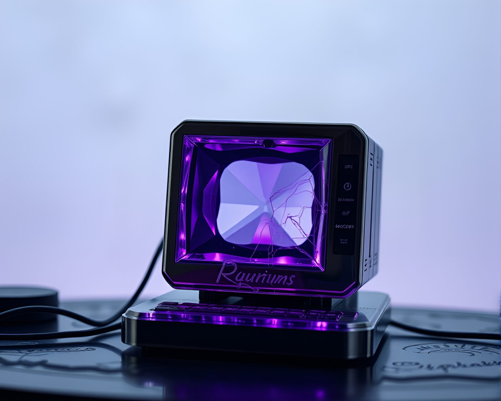 Amethyst-shaded quantum computer in intricate engraving-esque cinemagraph