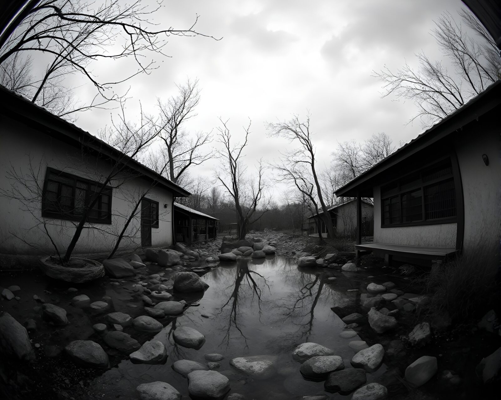 Black and white eerie scene of necromancy at a hot spring