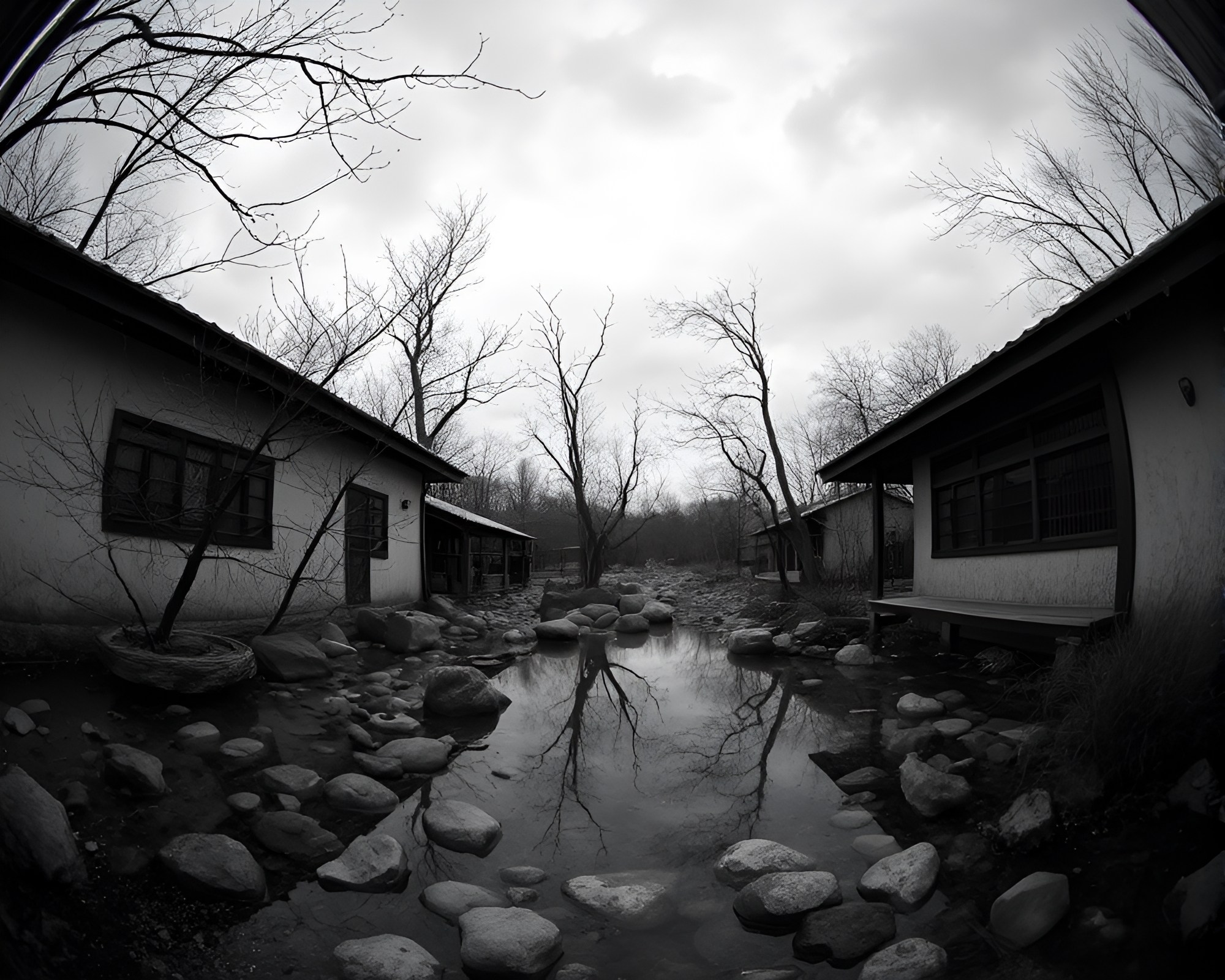 Necromantic Relaxation in Monochrome Fisheye Hot Spring – free AI stock image