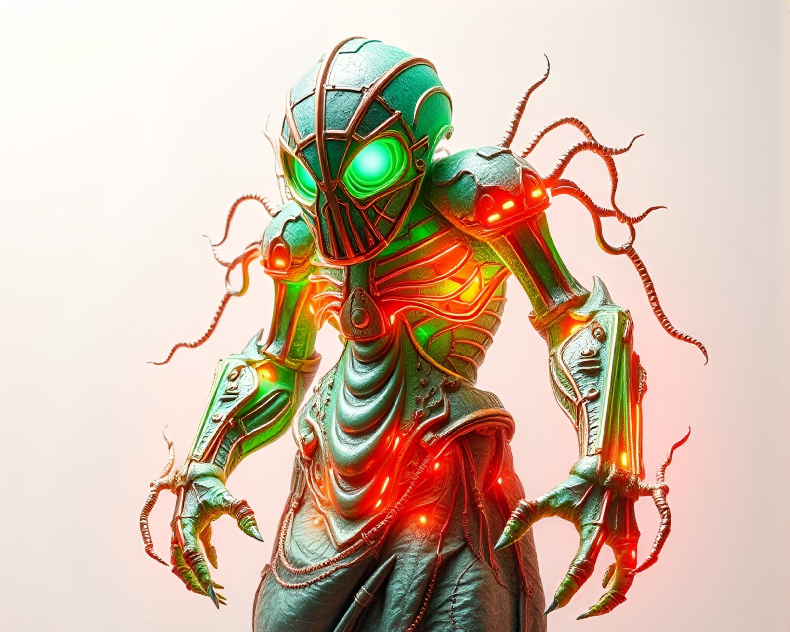 Majestic golem of copper verdigris glowing in neon wireframe