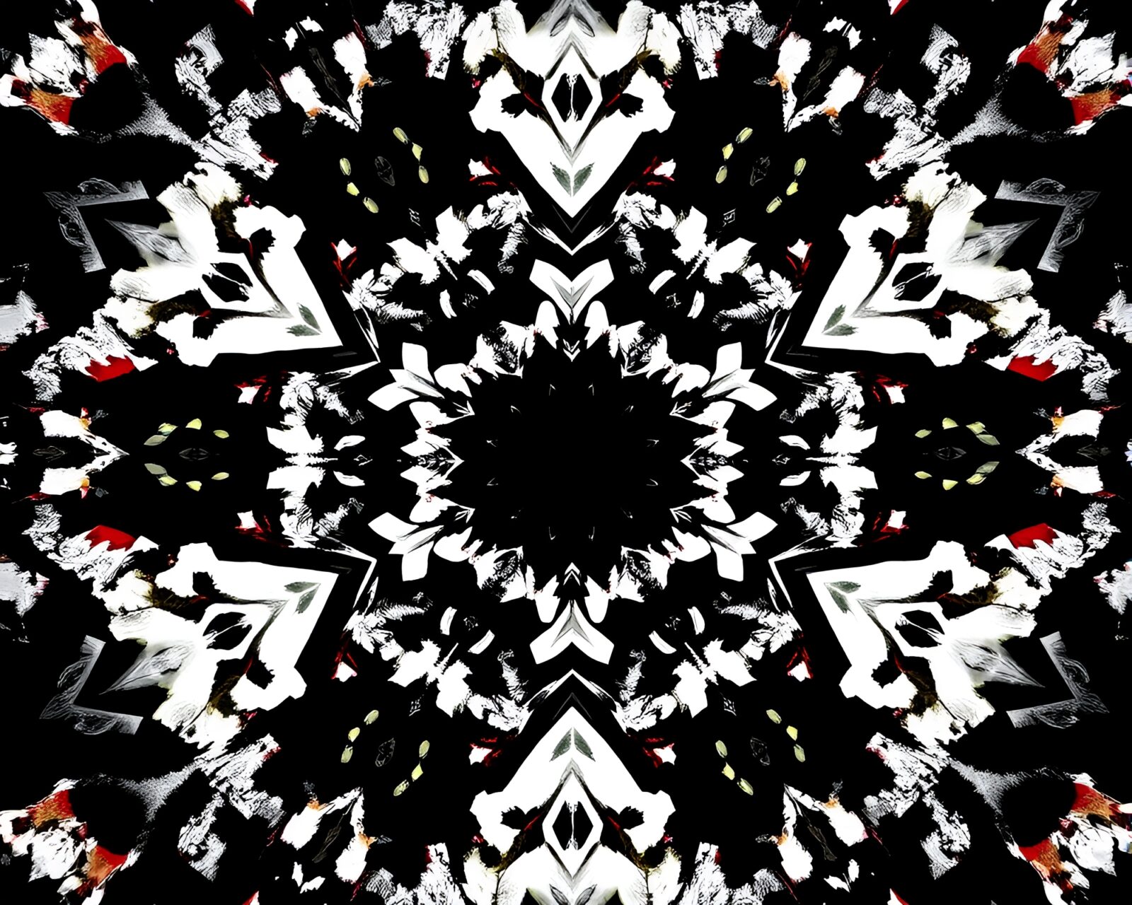 Fantastical black oasis kaleidoscope illustration with intricate details