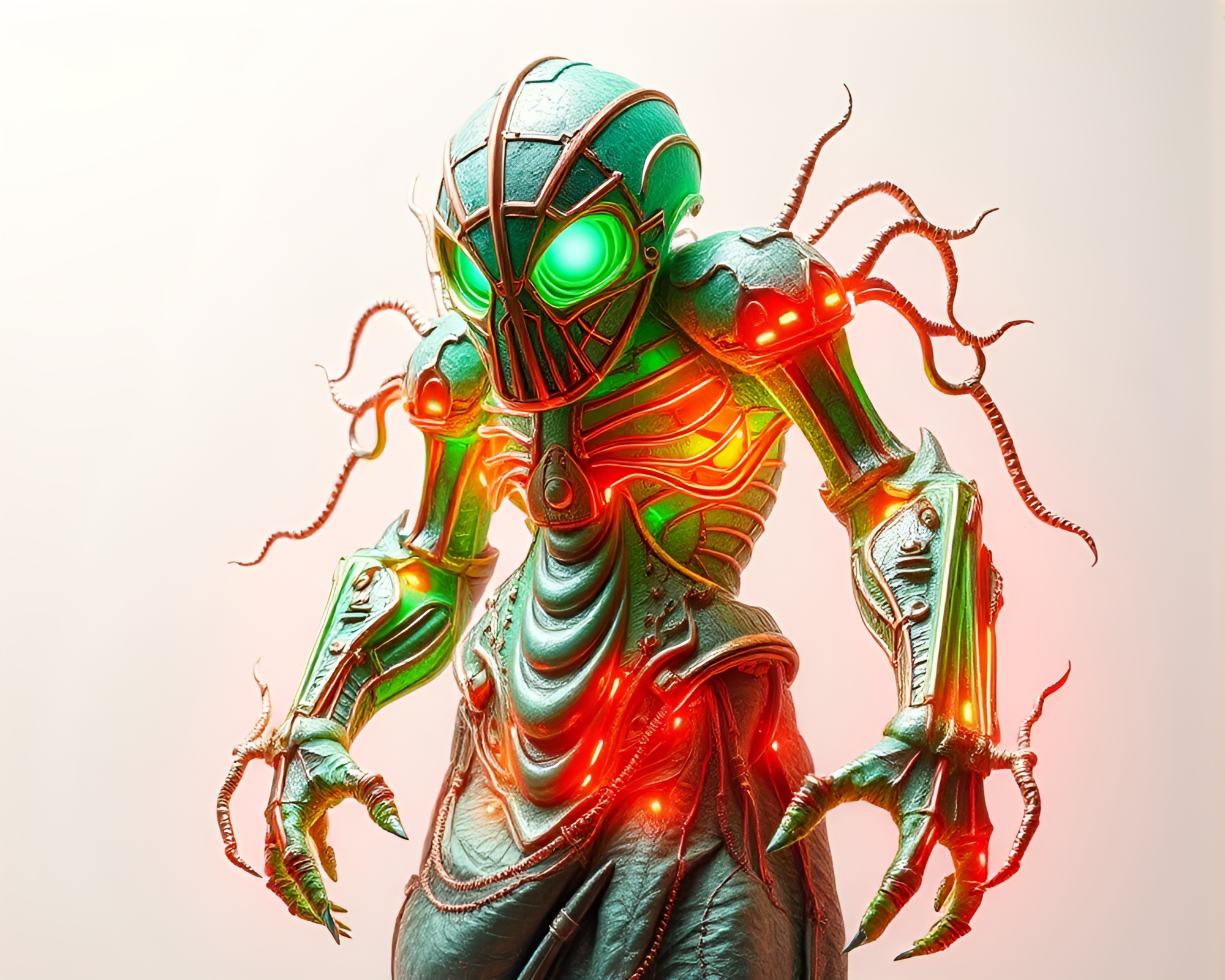 Copper Verdigris Golem in Neon Wireframe Render – free AI stock image