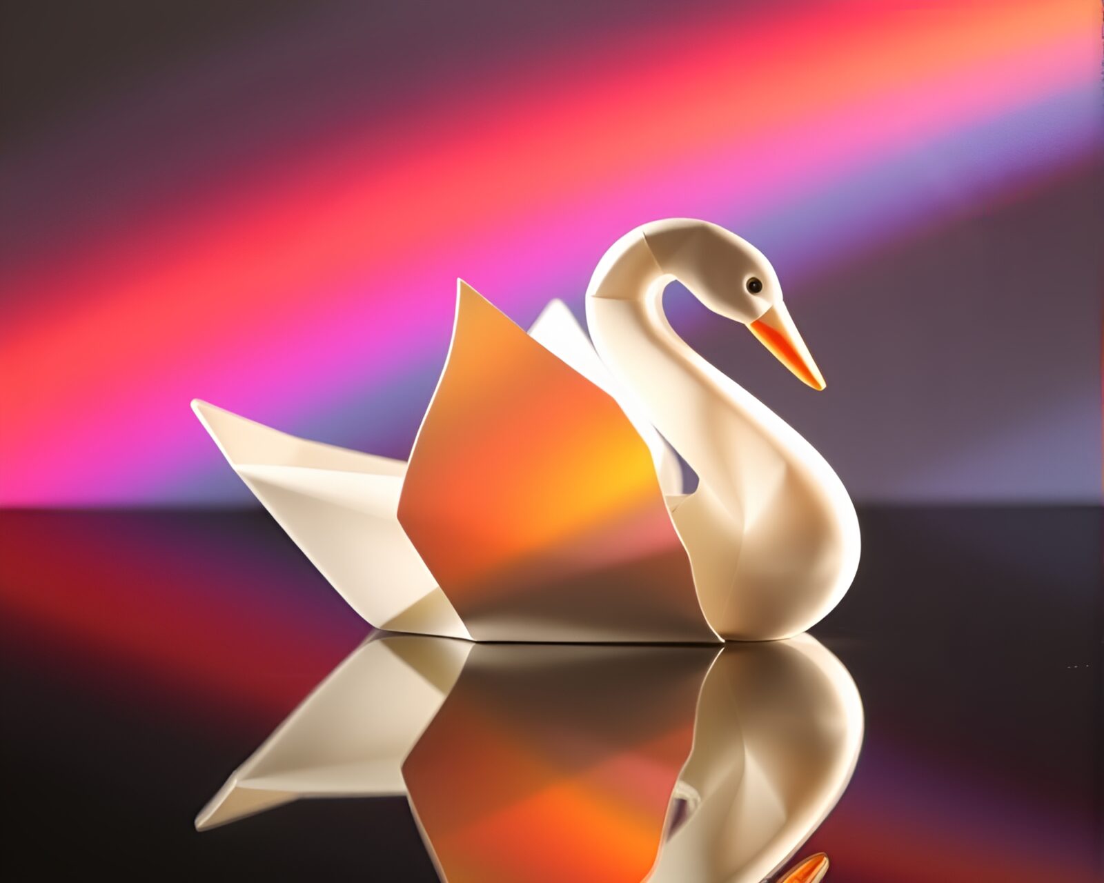 Elegant origami swan surrounded by colorful rainbow light effects