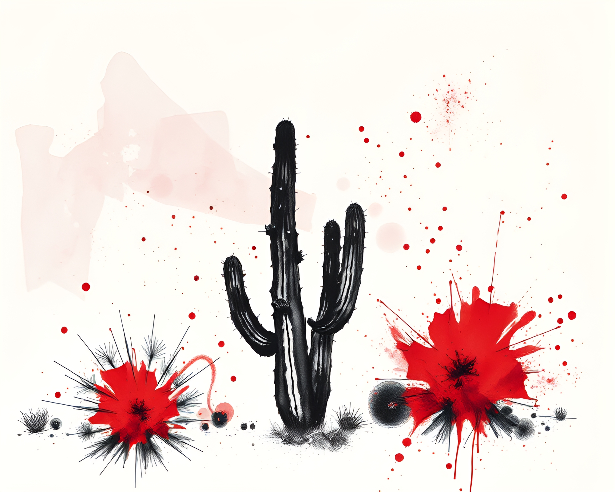 Desert Cactus Ink Splashes with Ruby Red Accents – free AI stock image