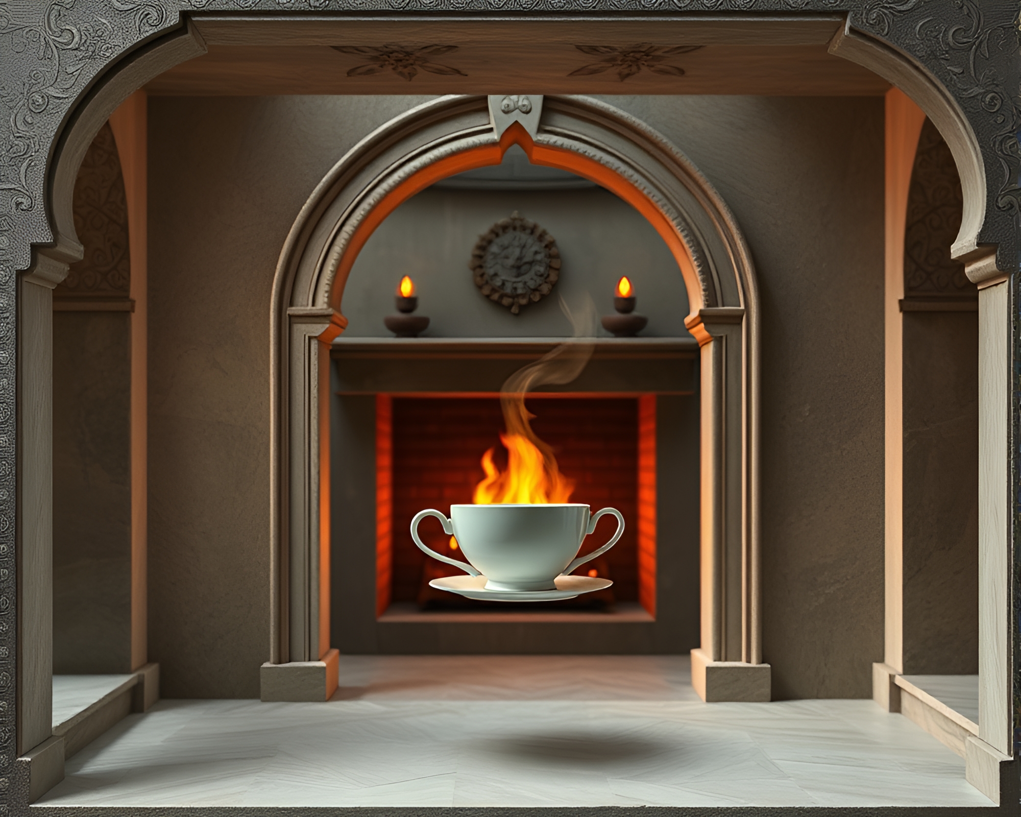 Surreal Floating Tea Cup in Architectural Frame – free AI stock image