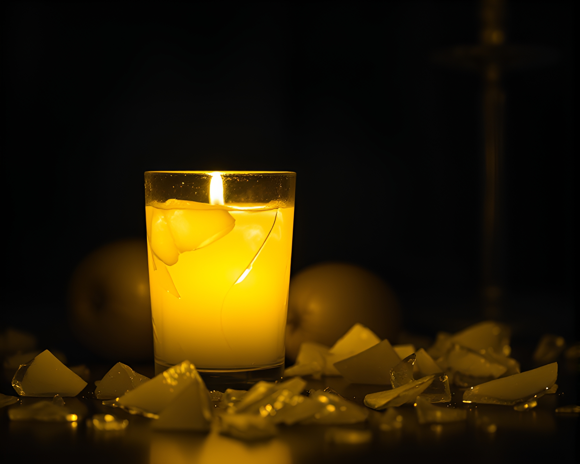 Apple Cider Elegance in Monochrome Candlelit Glass Shard Display – free AI stock image