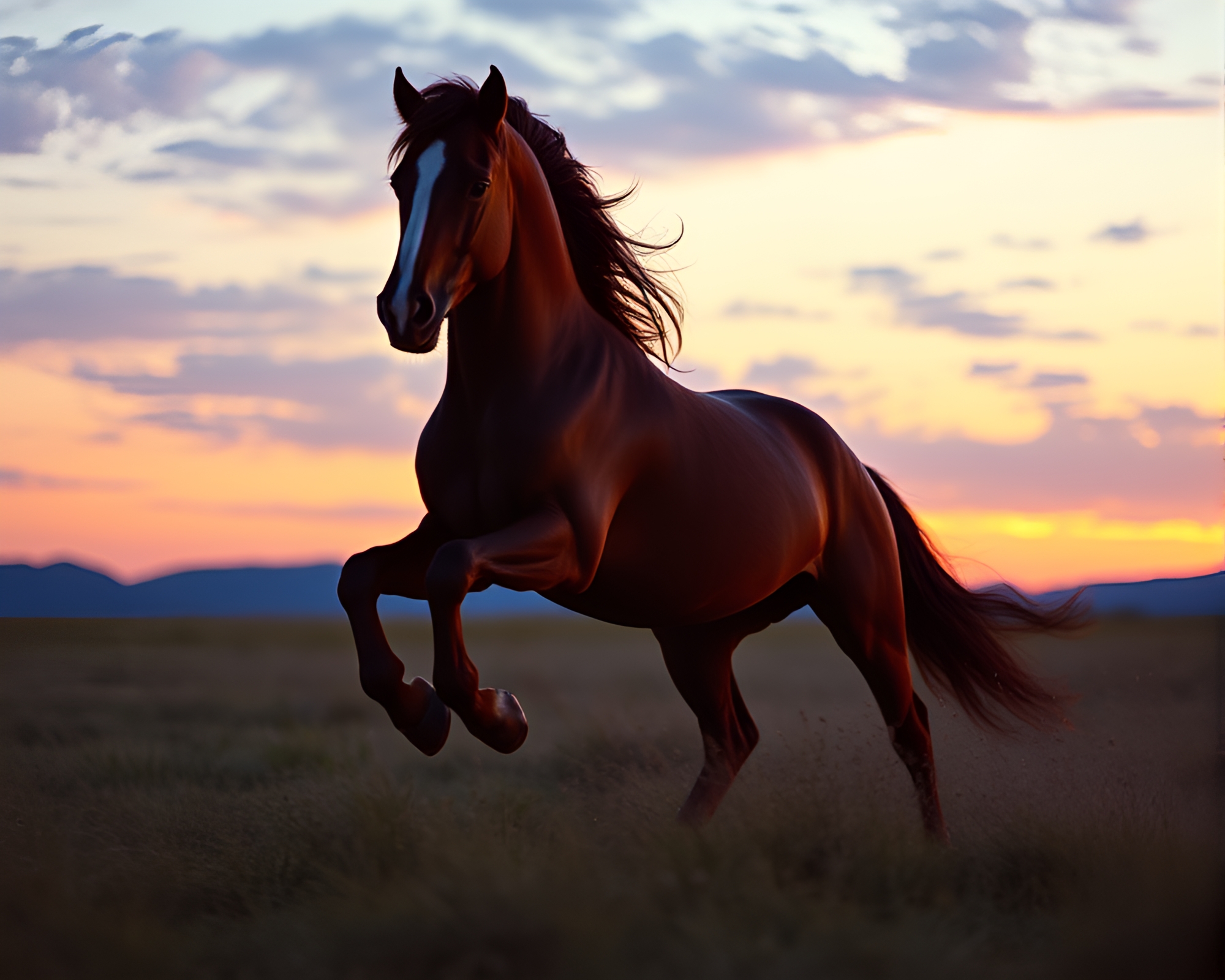 Dynamic Twilight Encounter: Wild Stallion 80s VHS Style – free AI stock image