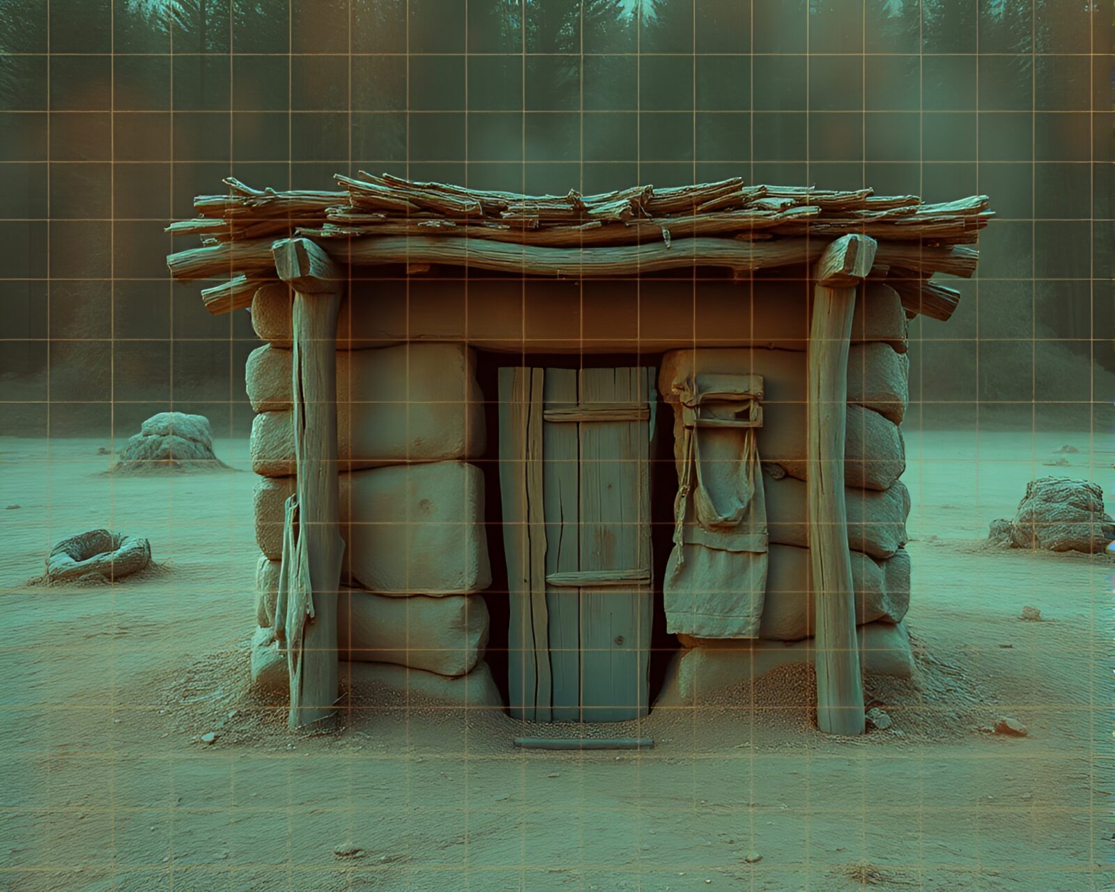 X-ray style of a mud hut glowing in jewel tones