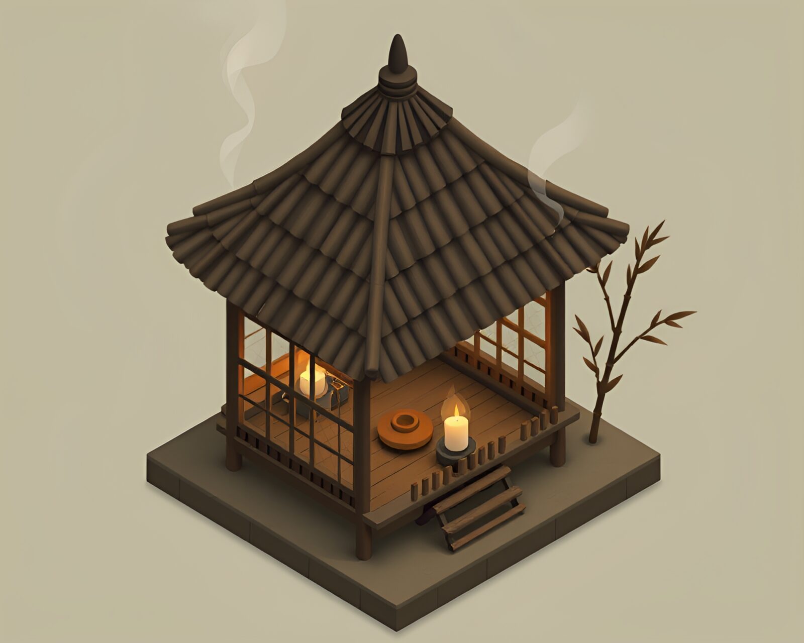 Isometric illustration of serene bamboo hut in earth tones