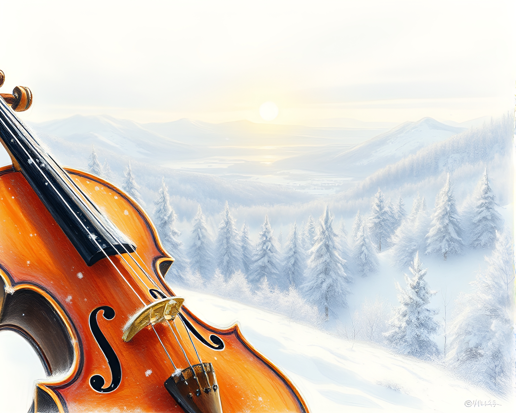 Snow-kissed Violin Serenade: Panoramic Sketch – free AI stock image