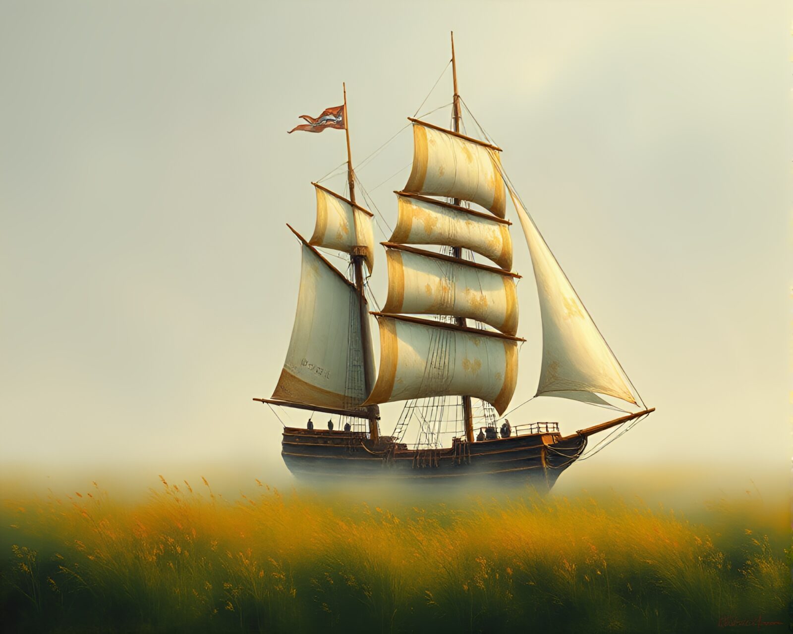 Vintage sailing ship on misty ocean backdrop in bronze hues