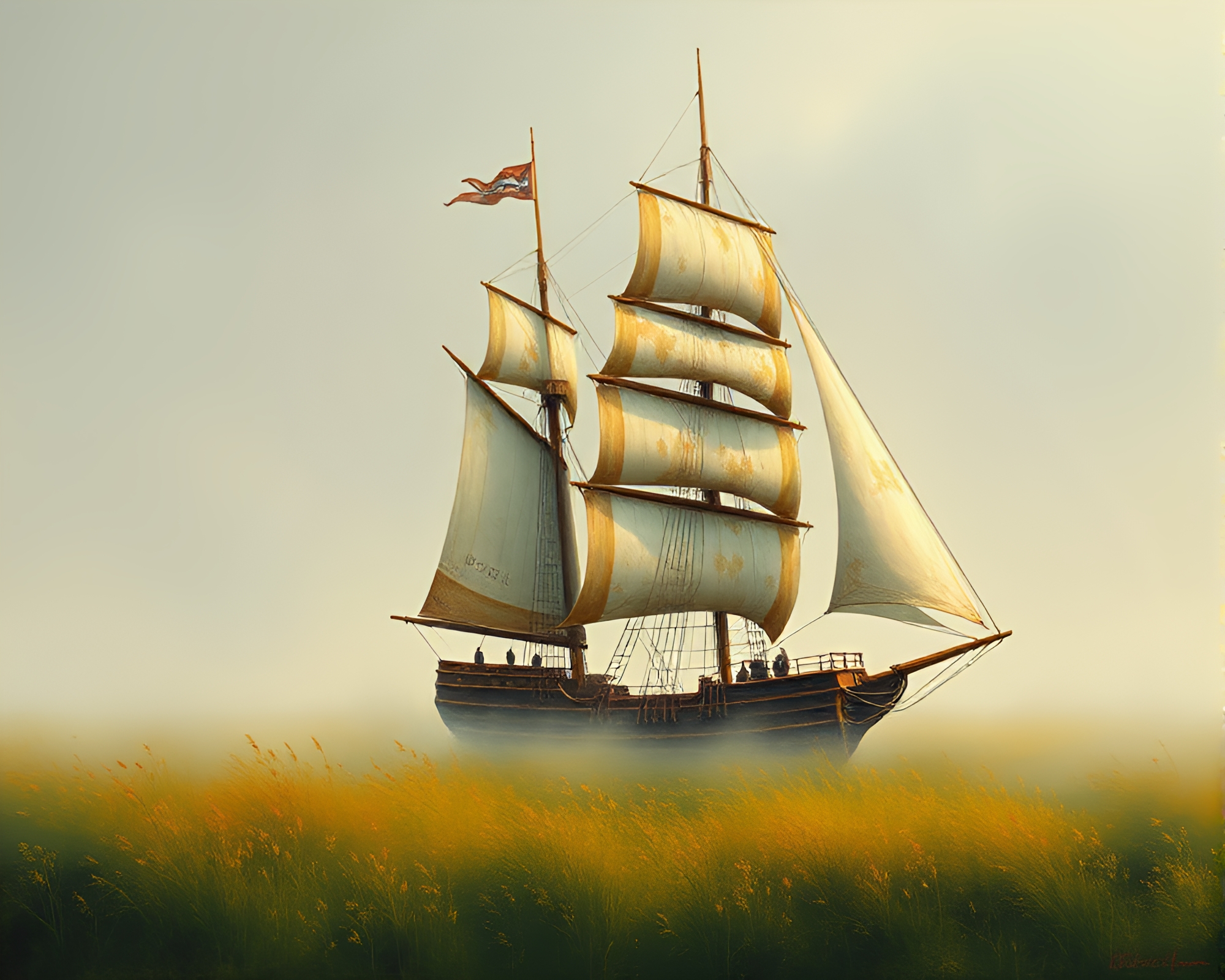 Bronze Patina Classic Sailing Ship Painting – free AI stock image