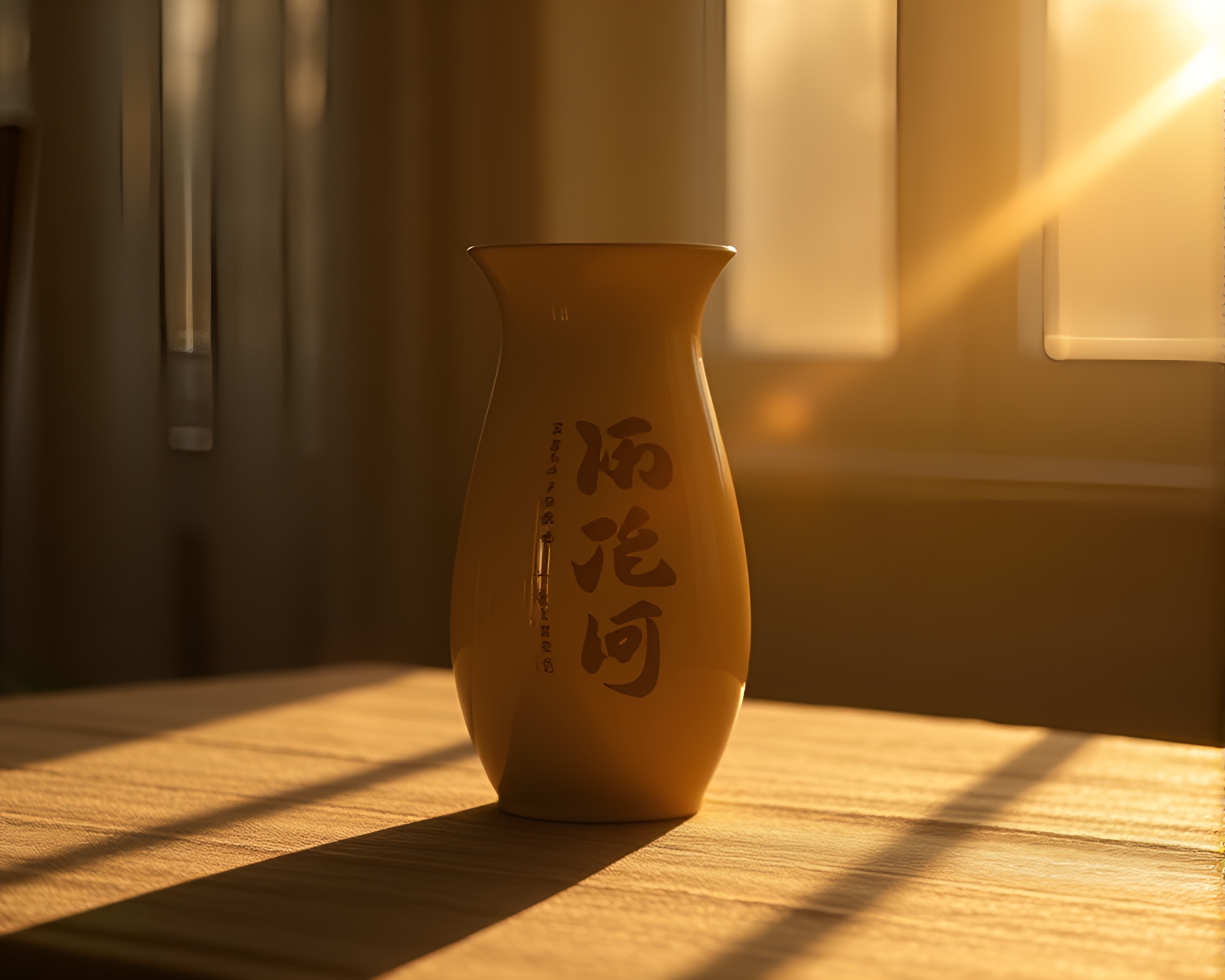Golden Vase Bathed in Afternoon Sunlight with Calligraphy – free AI stock image