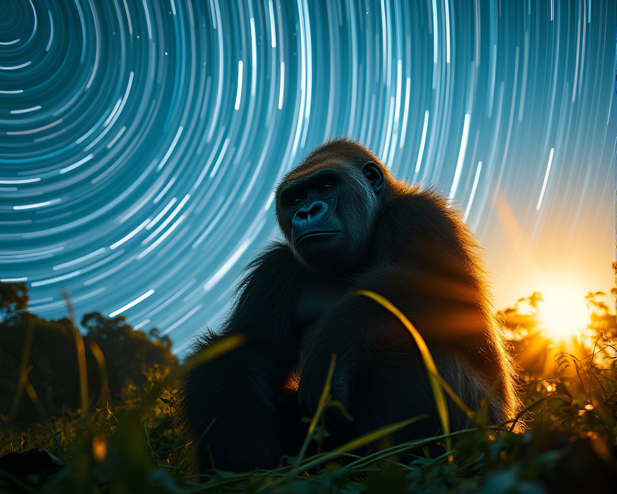 Golden Morning Gorilla Amidst Star Trails – free AI stock image