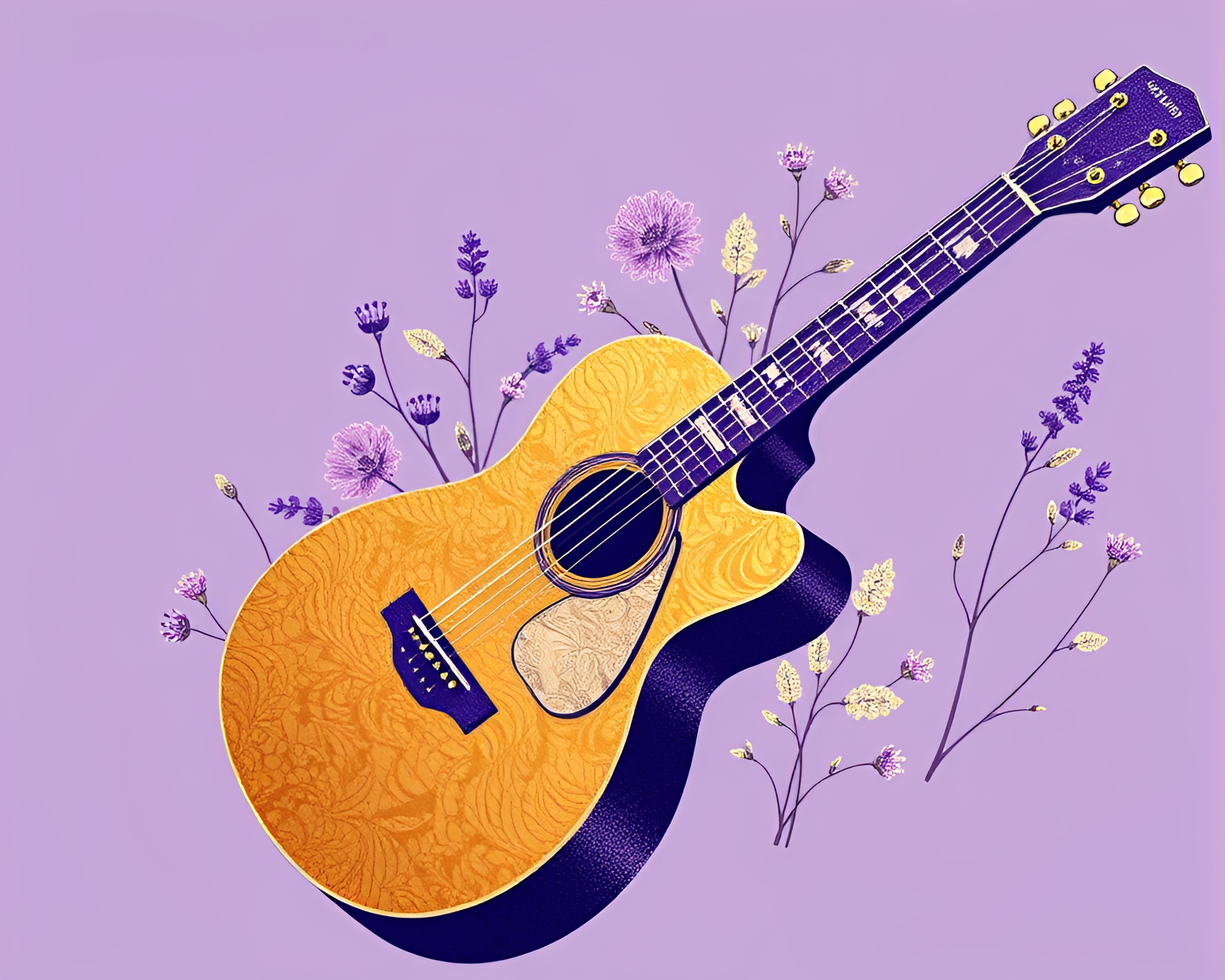 Foil-stamped Amethyst Guitar in Botanical Illustration – free AI stock image