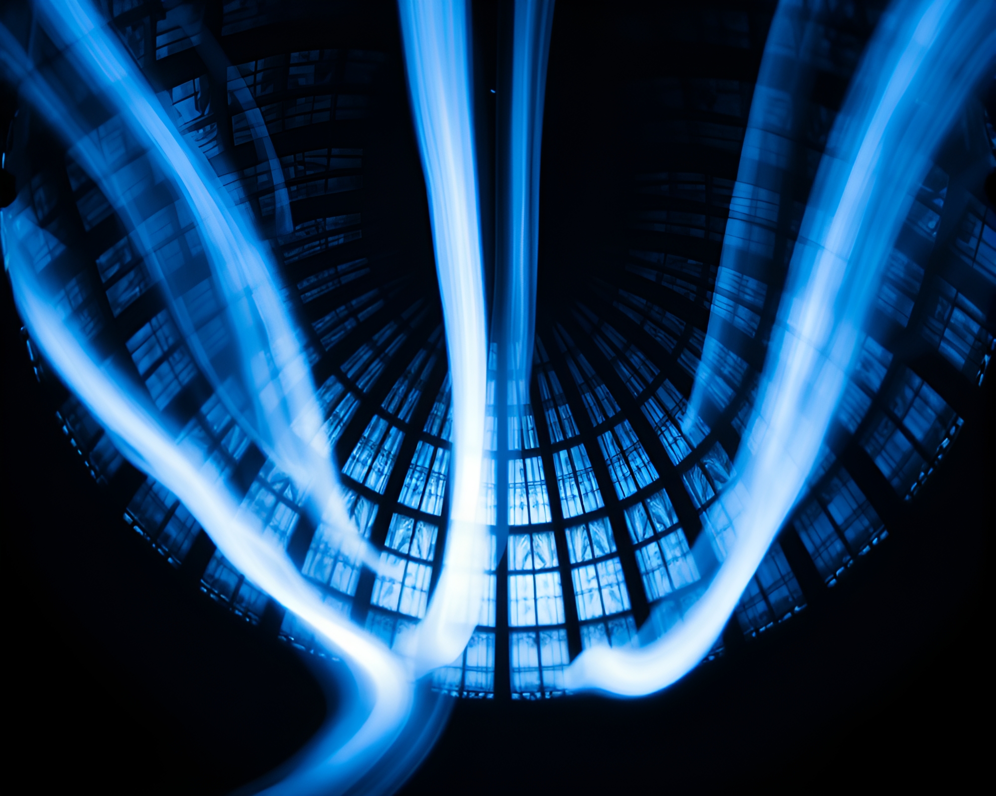 Blue Stained Glass Dome Silhouette with Motion Blur – free AI stock image