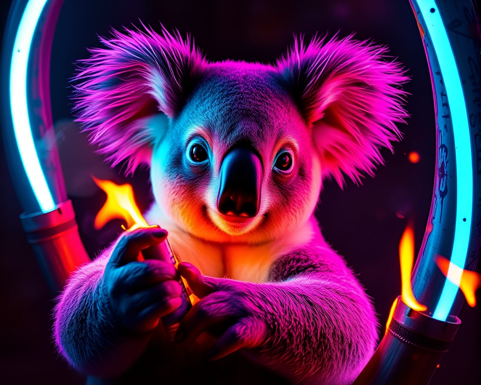 Vibrant spray-painted koala surrounded by neon tubing at bonfire