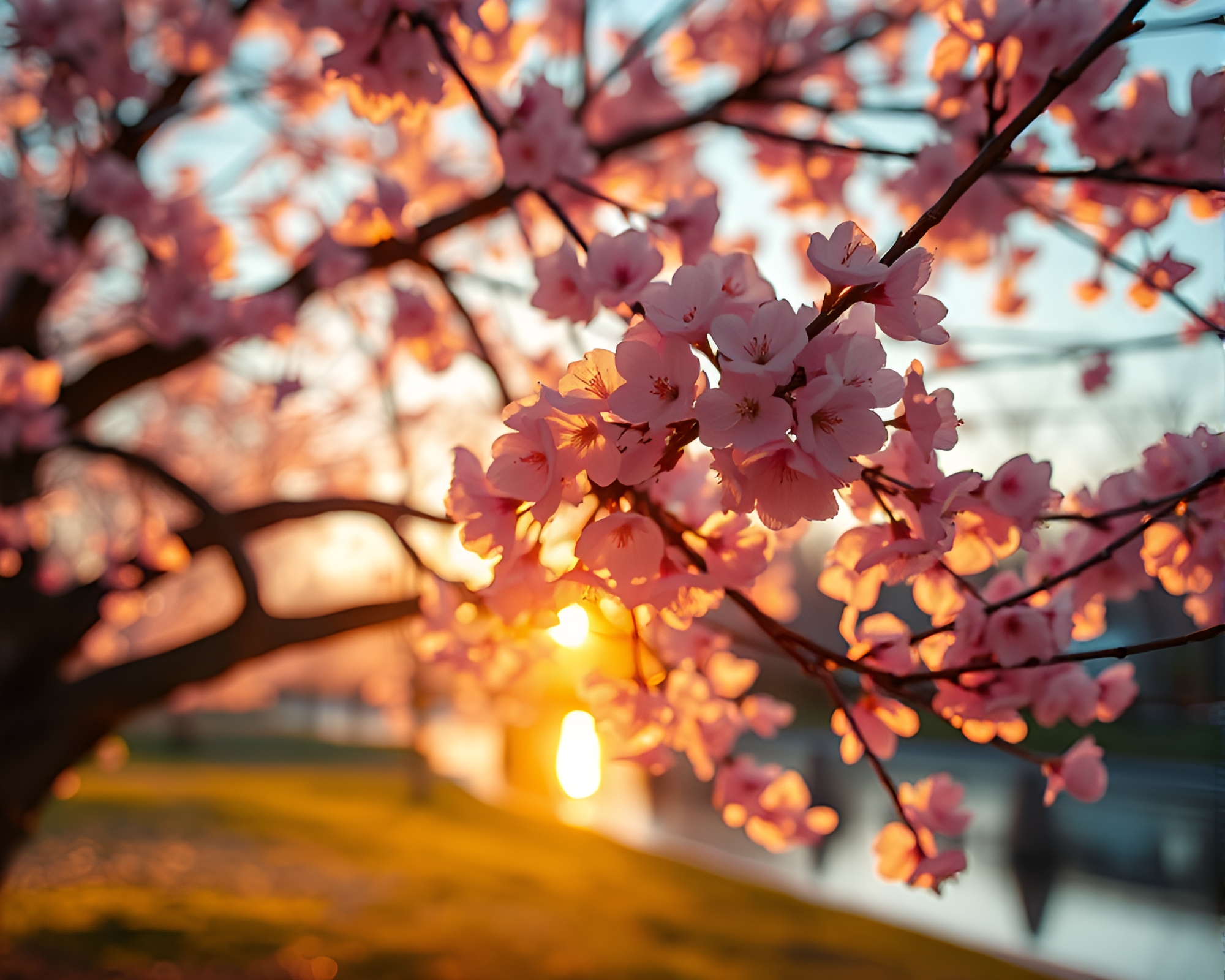 Chromatic Aberration Cherry Blossom in Cool Dawn Light – free AI stock image
