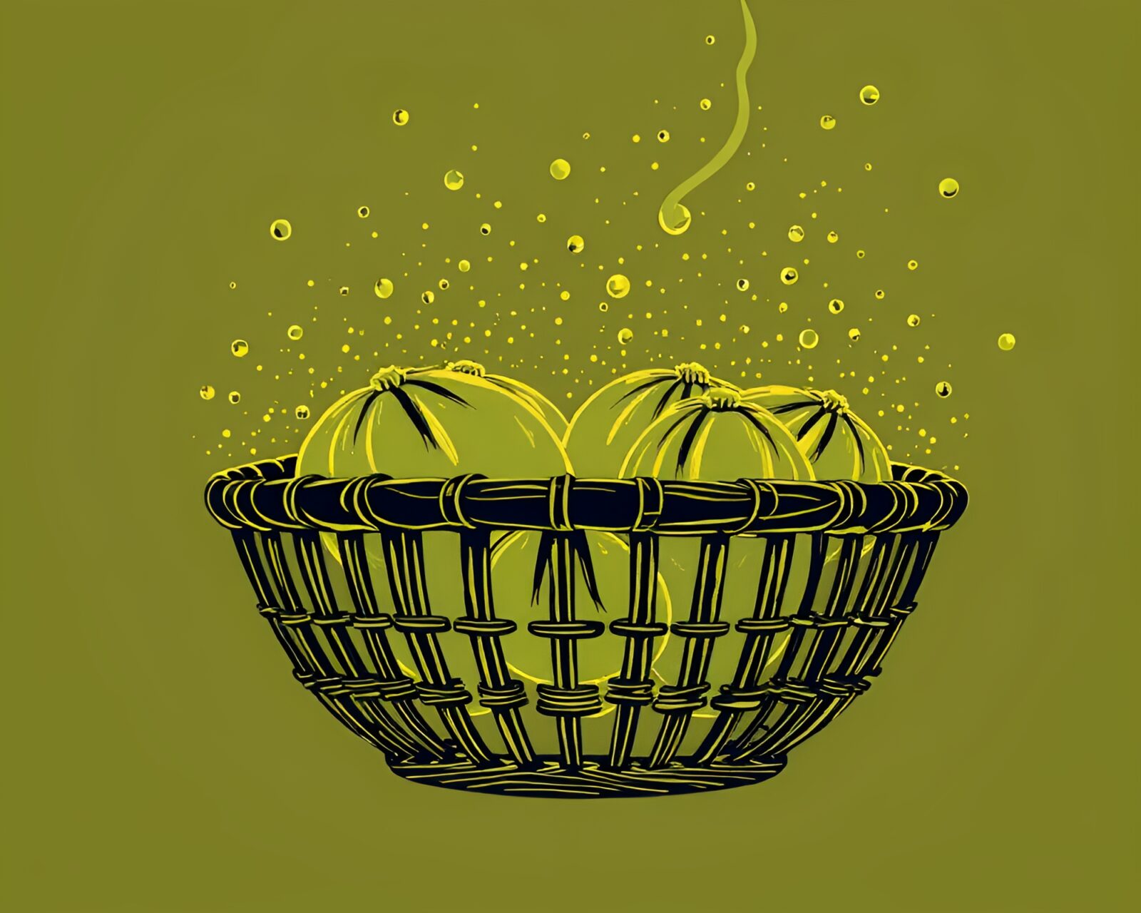 Illustration of futuristic dim sum basket surrounded by floating particles